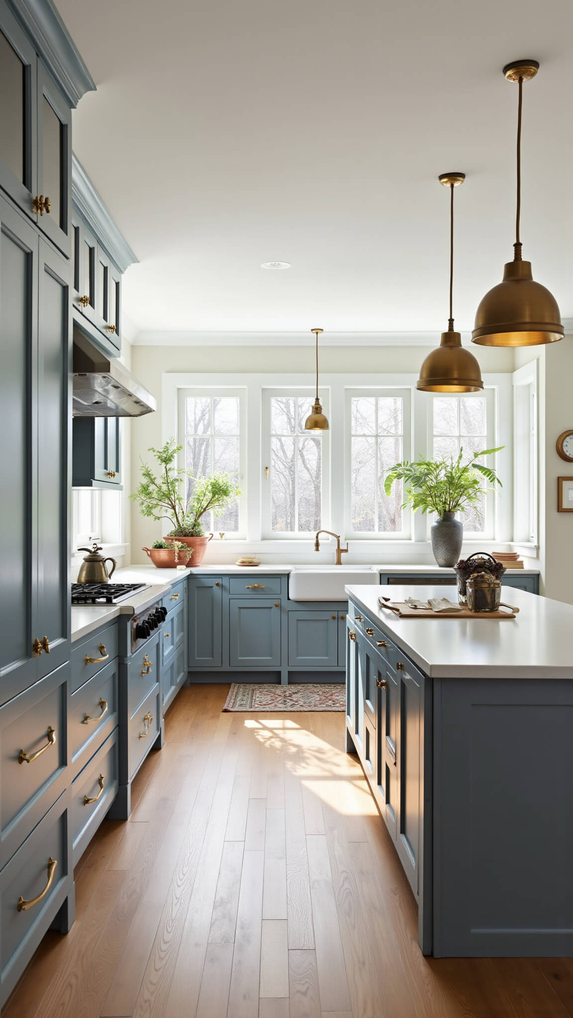 Transitional kitchen with blue-grey cabinets, white quartz island, brass lighting, and morning light from large windows; styled with ceramics, herbs, and vintage runner.