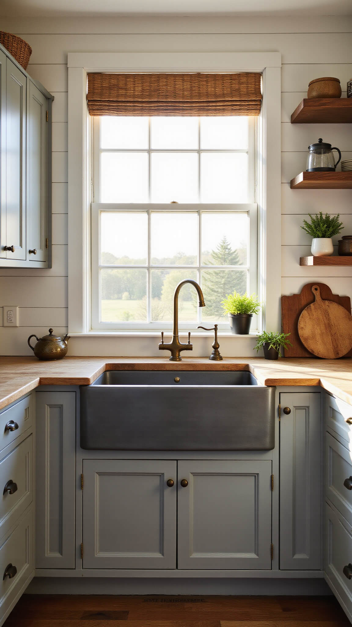 Farmhouse kitchen corner with Parma Gray cabinets, farmhouse sink, butcher block counters, and golden hour light filtering through mullioned windows.