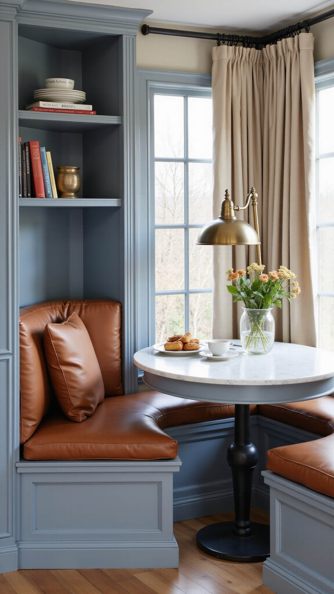 Cozy breakfast nook with built-in leather banquette, marble table, vintage brass lamp, and curated shelving, bathed in soft afternoon light.