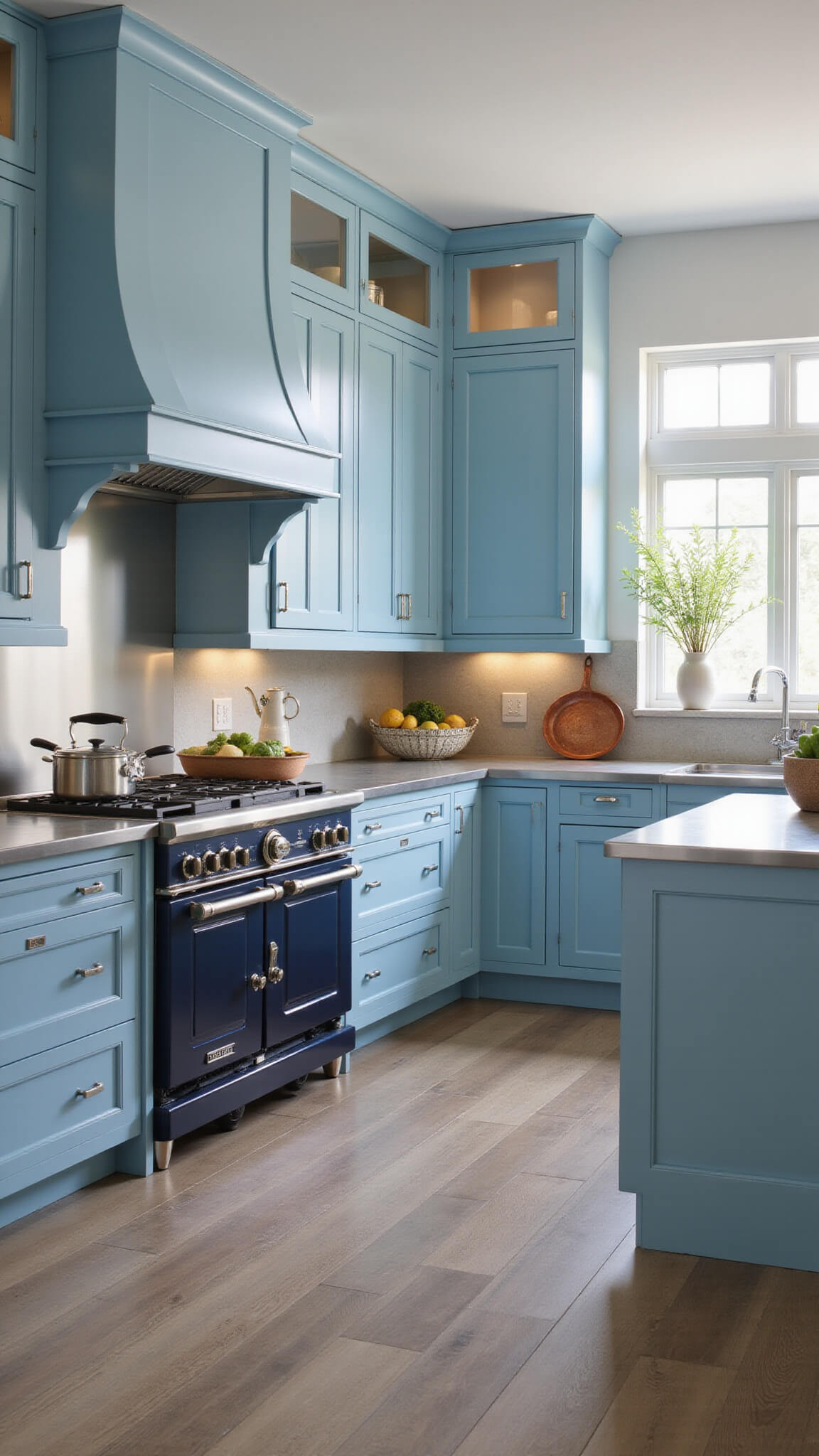 Professional chef's kitchen with Cloudy Sky cabinets, stainless steel counters, La Cornue midnight blue range, copper cookware, and market produce under architectural lighting.