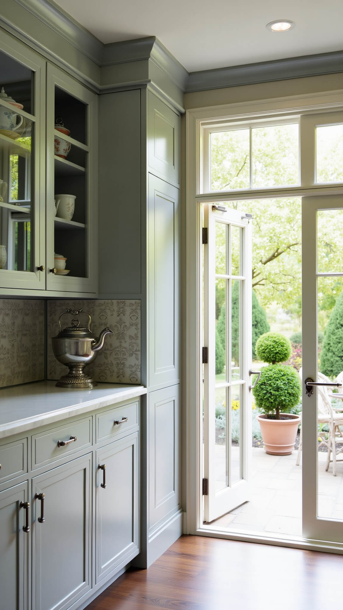 Garden-view kitchen with Rain-colored glass-door cabinets, vintage china, Carrara marble counters, antique mirror backsplash, and French doors opening to terrace.