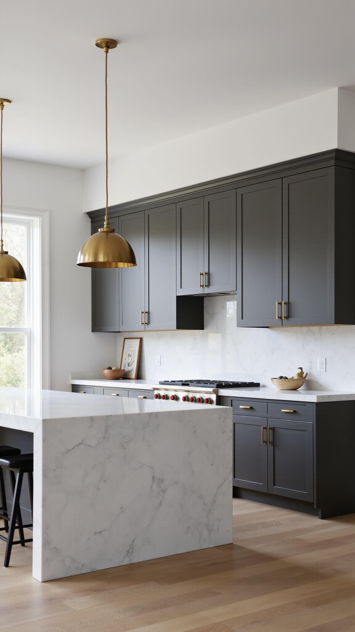 Contemporary 12x15ft kitchen with dark taupe shaker cabinets, white quartz waterfall island, brass pendant lights, marble backsplash, and floor-to-ceiling windows illuminating white oak floors.