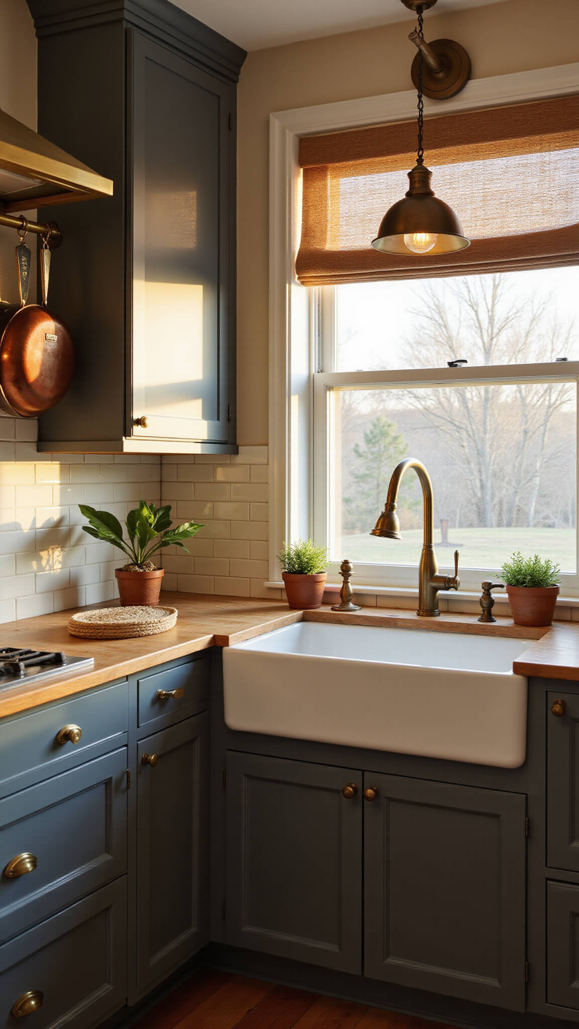 Cozy transitional 10x12ft kitchen with dark taupe cabinets, butcher block counters, brass sconces, and hanging copper cookware bathed in golden hour light.