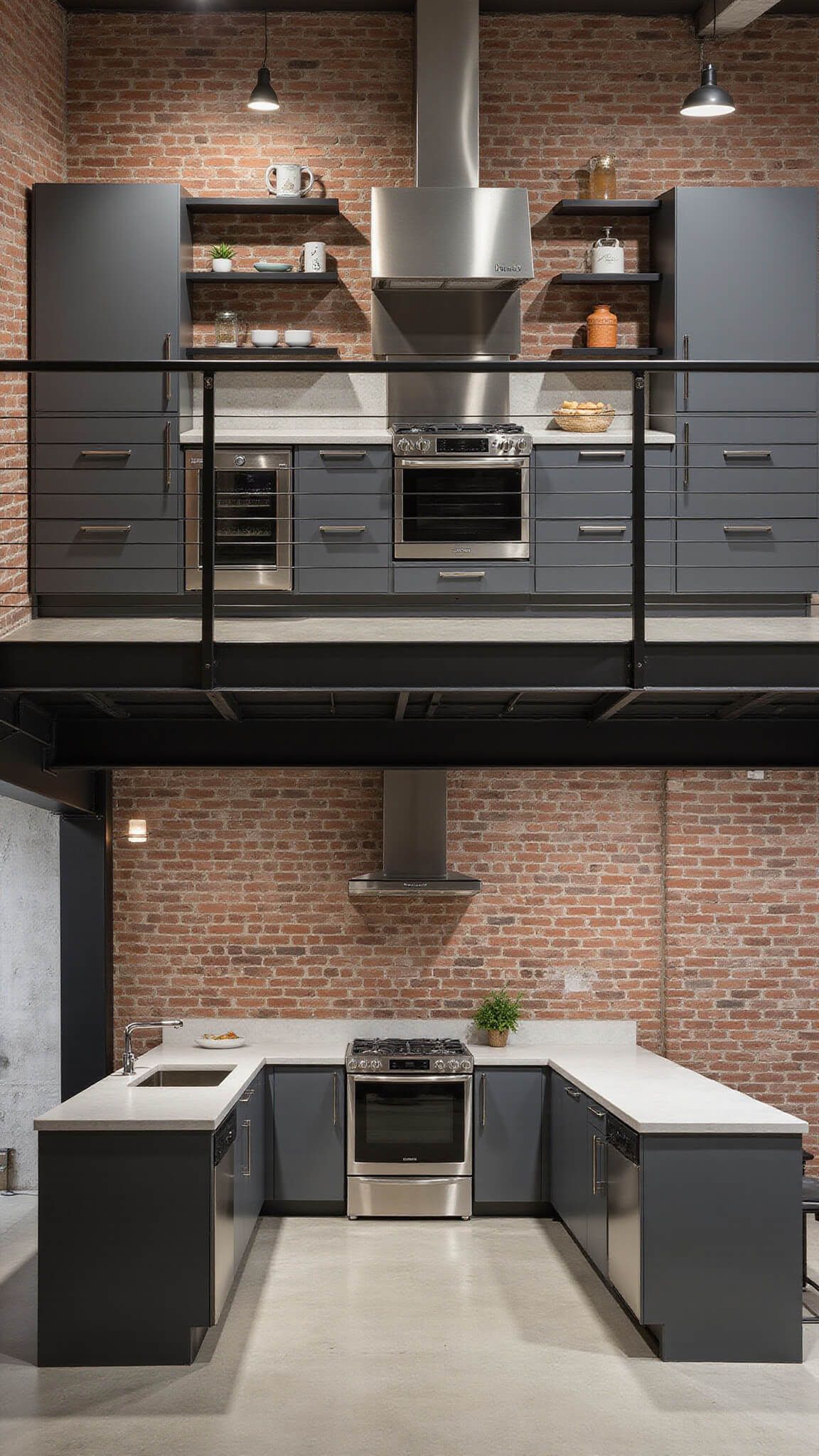 Overhead view of modern industrial kitchen with exposed brick wall, dark taupe high-gloss cabinets, stainless steel appliances, concrete countertops, and black metal open shelving.