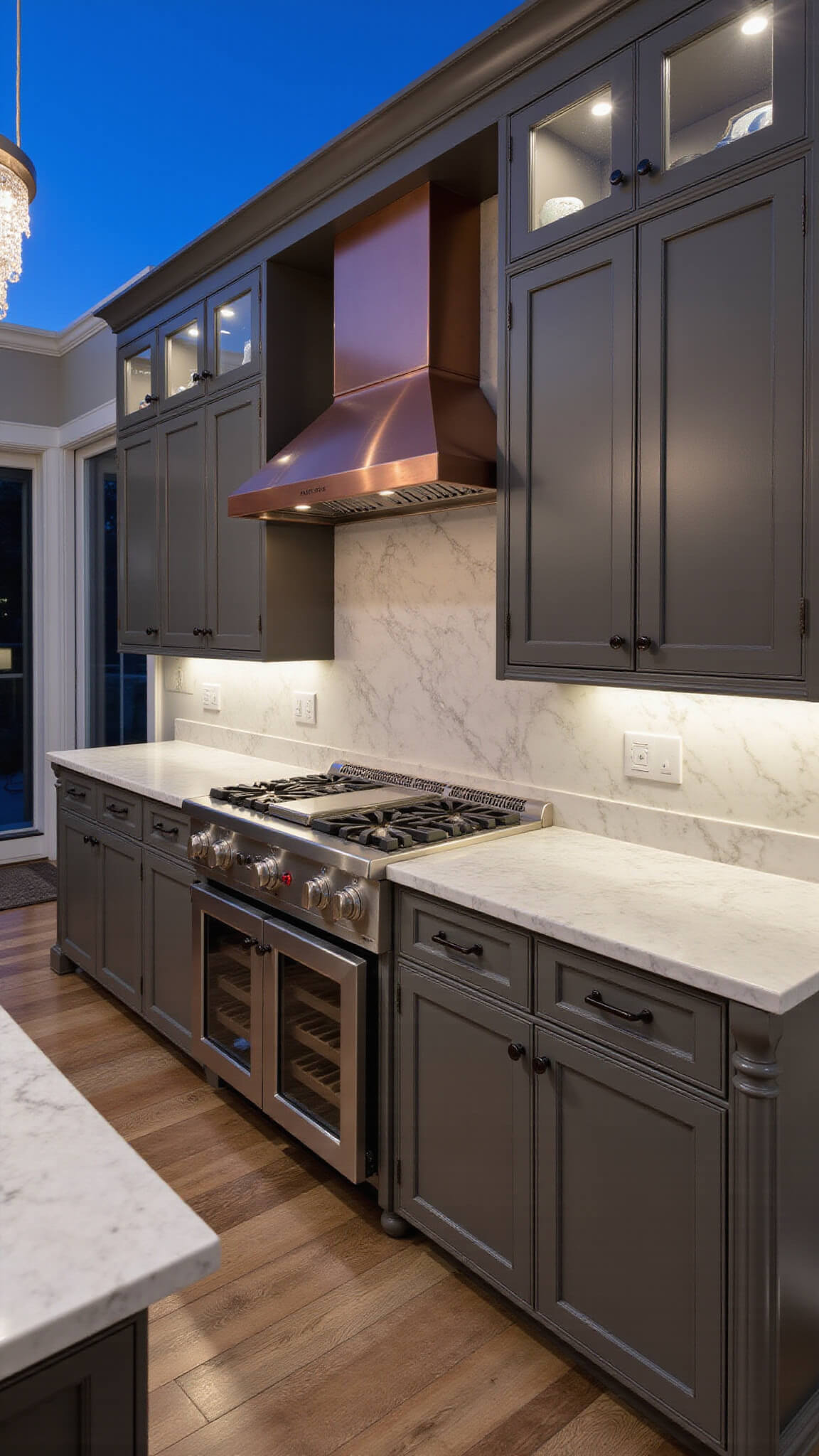 Elegant chef's kitchen at dusk with dark taupe cabinets, Calacatta marble surfaces, crystal chandelier over island, and copper range hood, viewed from low angle.