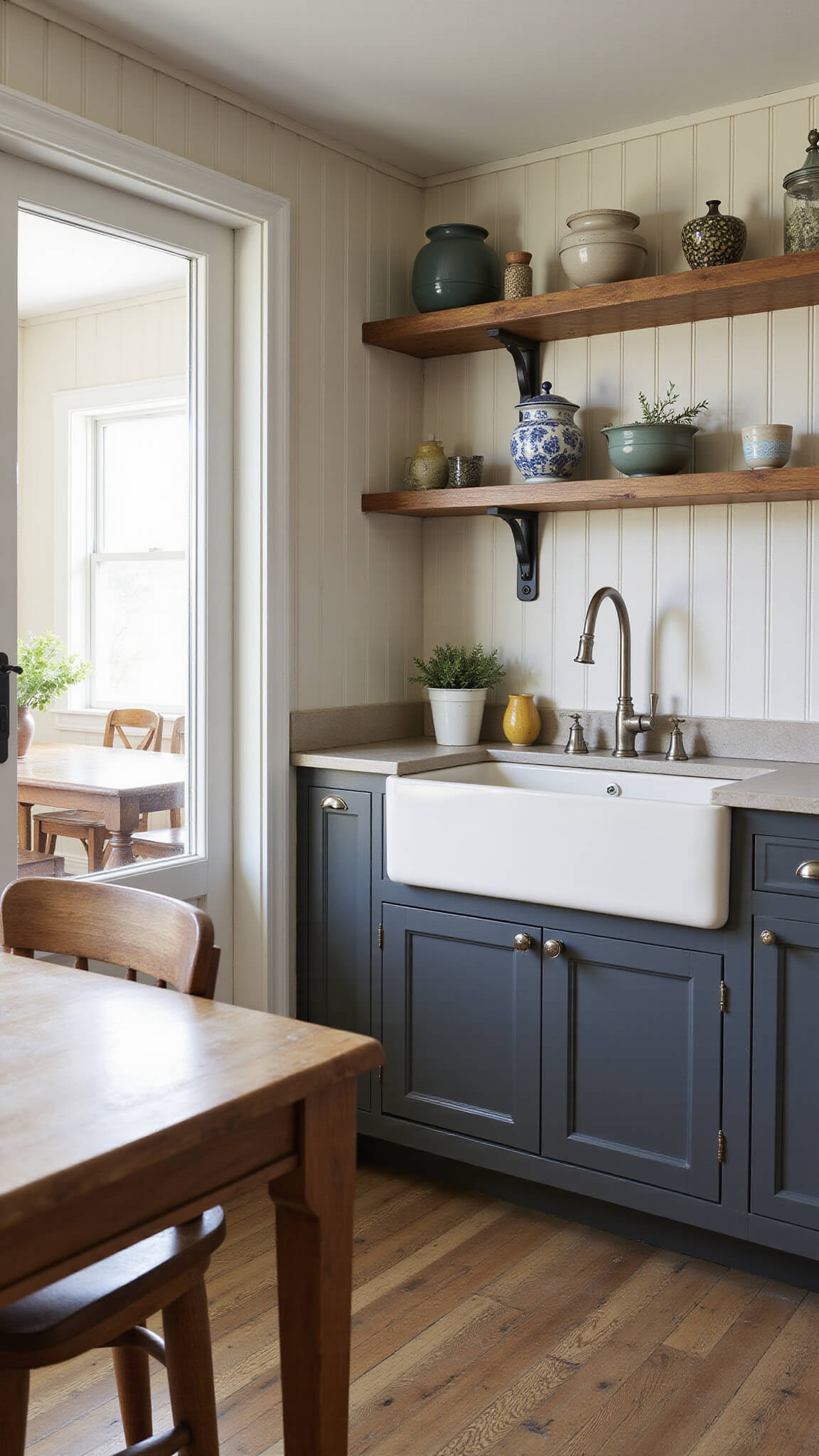 Cozy 11x13ft farmhouse kitchen with dark taupe beadboard cabinets, cream farmhouse sink, soapstone counters, and vintage decor in soft afternoon light.