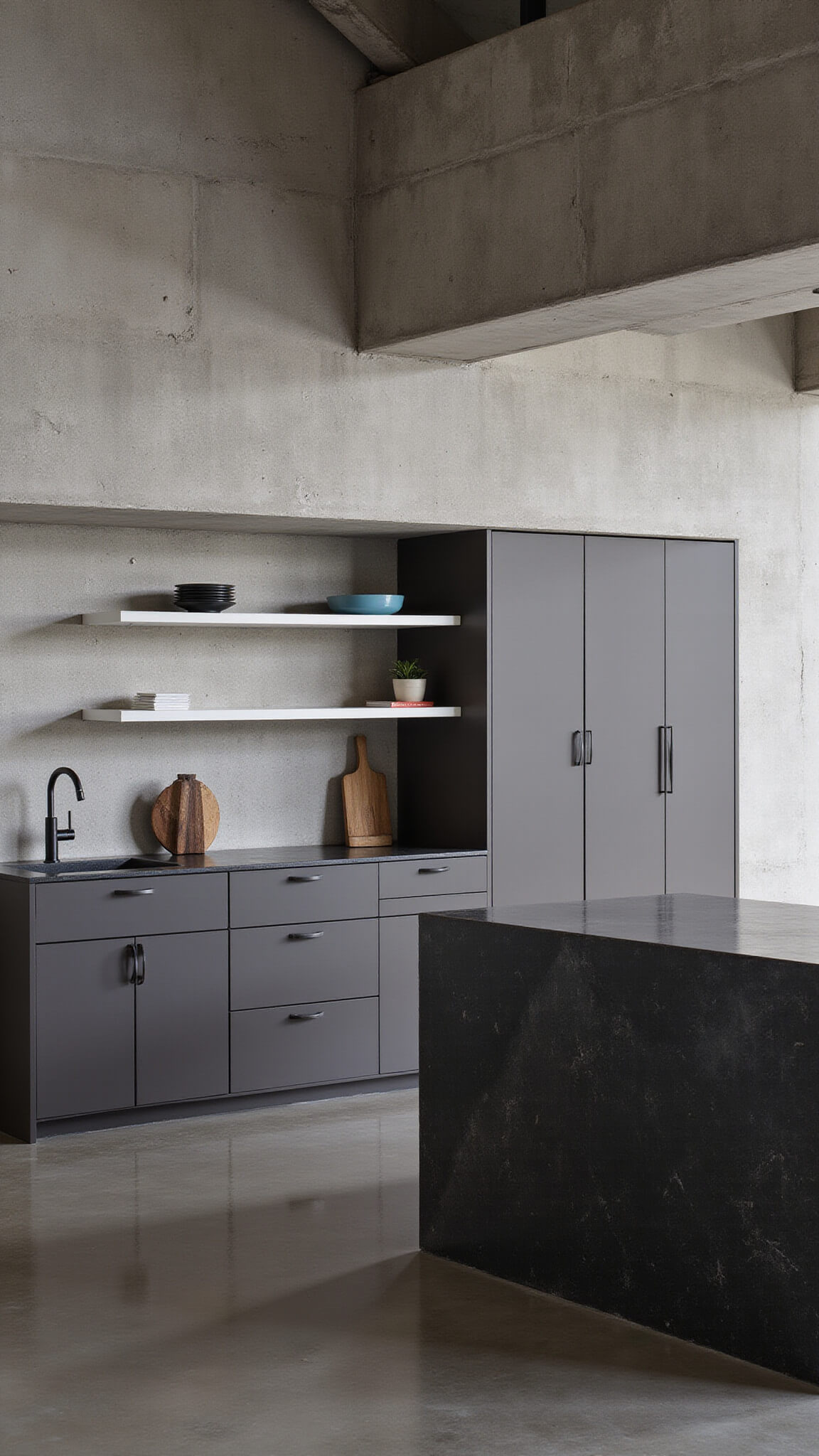 Urban loft kitchen with dark taupe cabinets, black stone island, and white floating shelves against concrete walls, viewed from mezzanine with dramatic track lighting and high ceilings.
