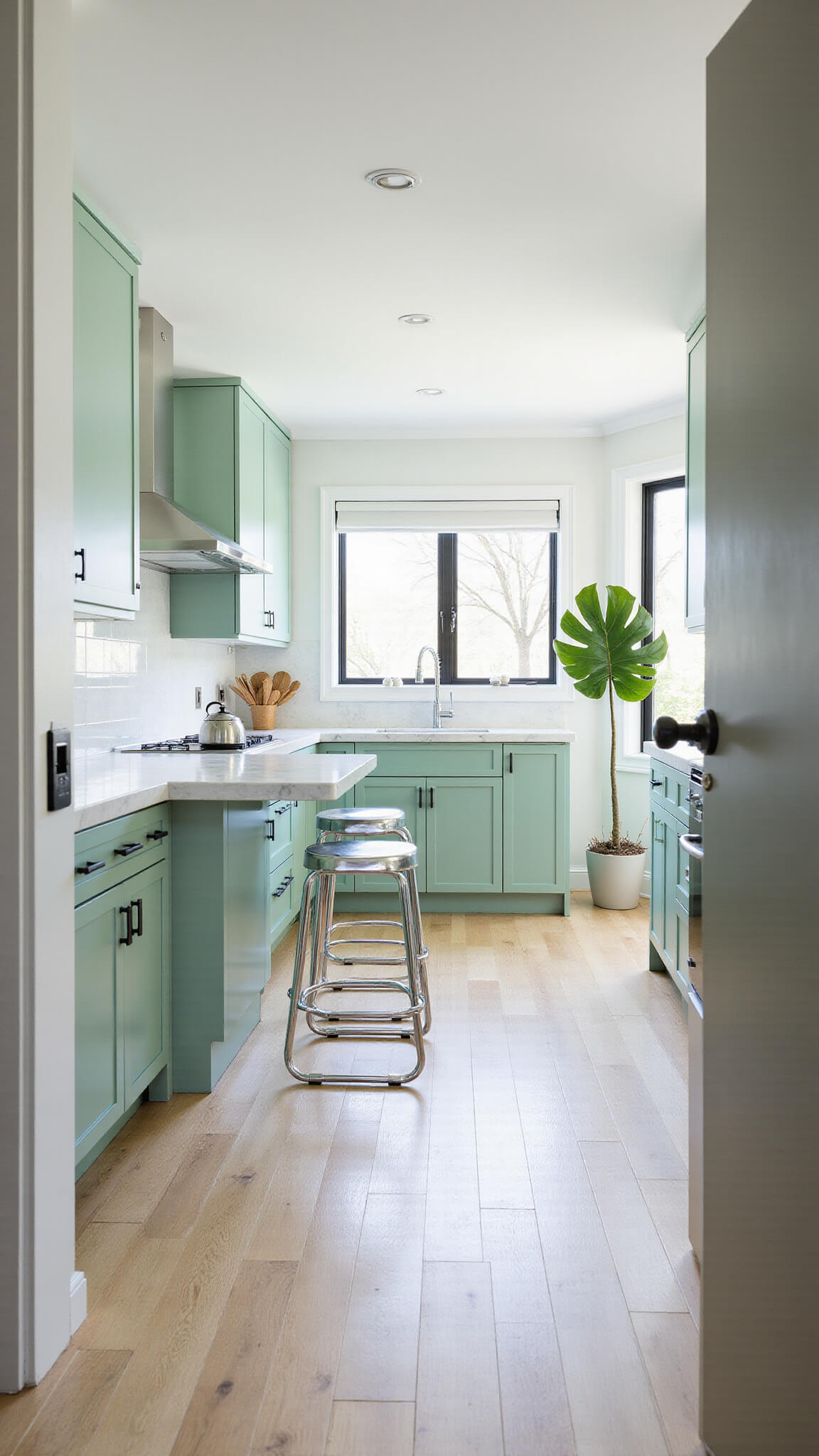 Modern 12x15ft kitchen with mint green cabinets, white marble countertops, waterfall island, chrome barstools, white oak floors, and floor-to-ceiling windows streaming morning light.