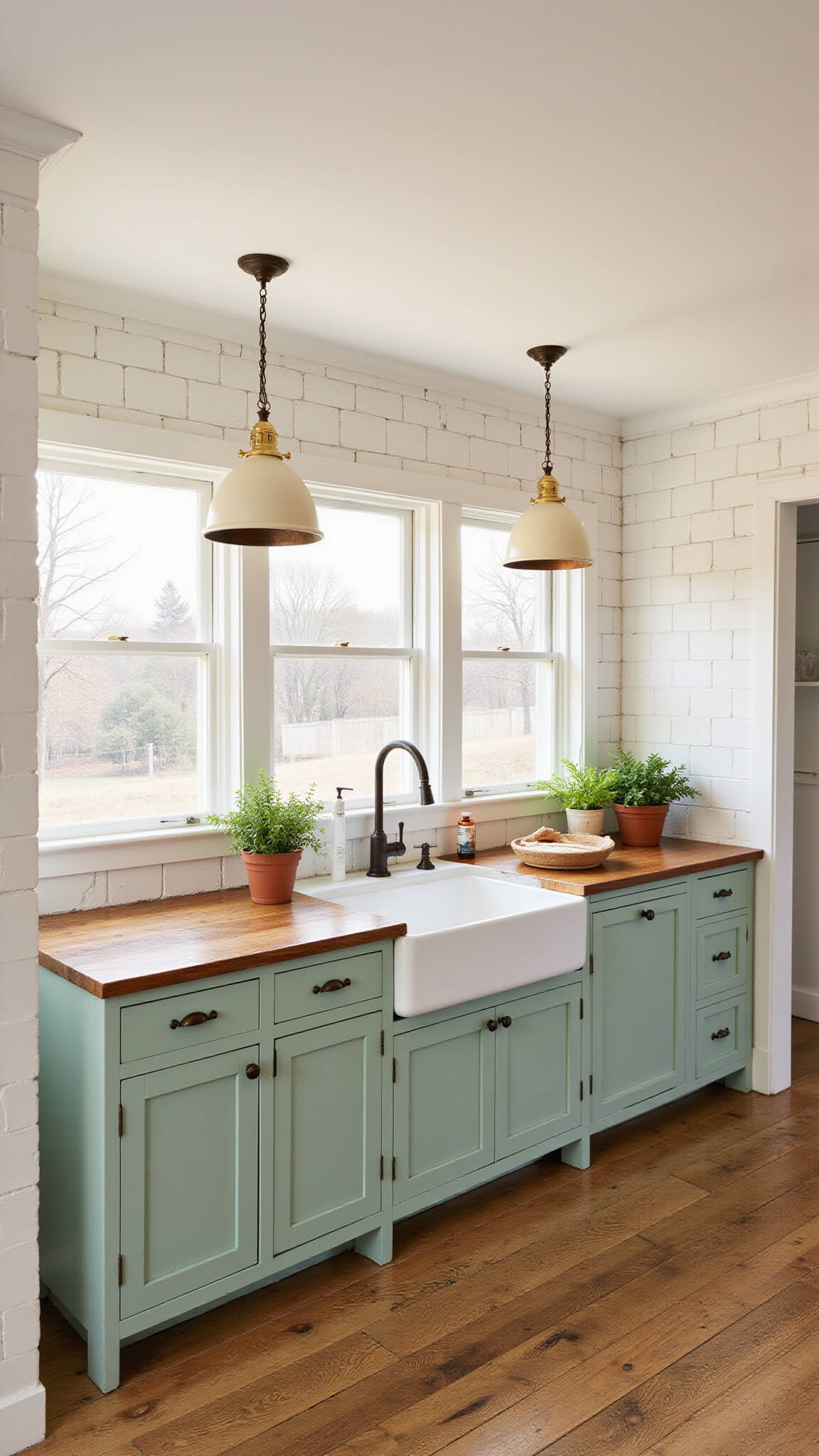 Farmhouse kitchen with mint green lower cabinets, white shaker uppers, and butcher block island under cream enamel pendant lights at golden hour.