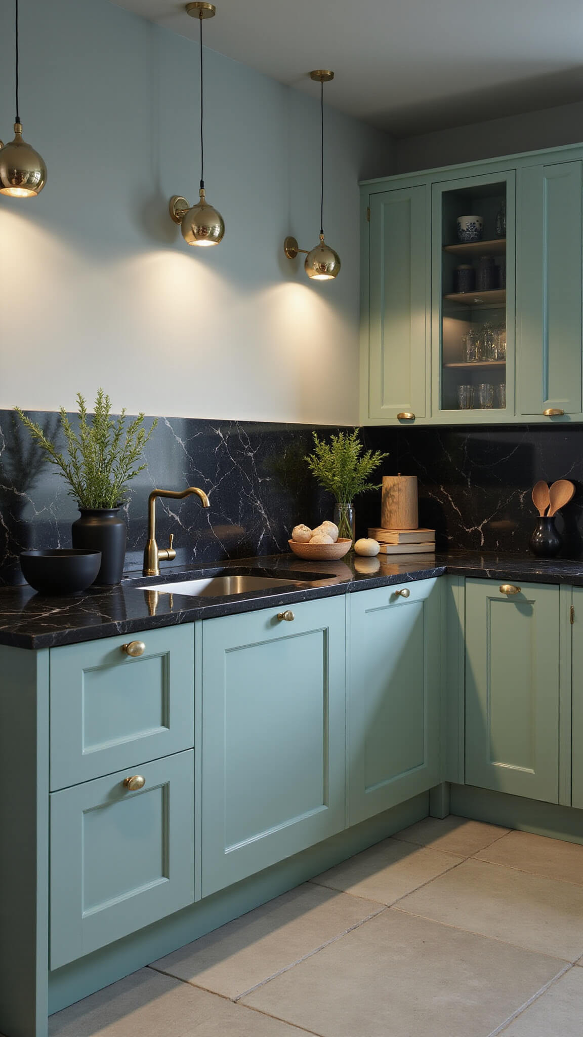 Luxe modern kitchen with mint green floor-to-ceiling cabinets, black veined marble surfaces, brass fixtures, and warm evening lighting.