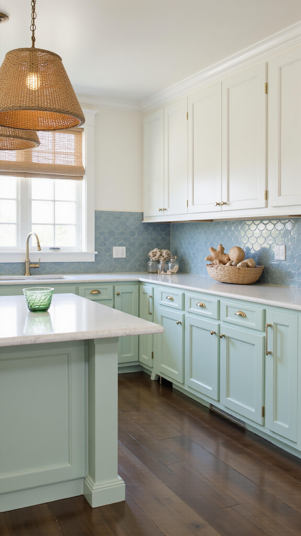 Coastal kitchen with mint green base cabinets, white uppers, quartz countertops, fish scale blue-grey backsplash, rattan lights, and driftwood decor in bright natural light.