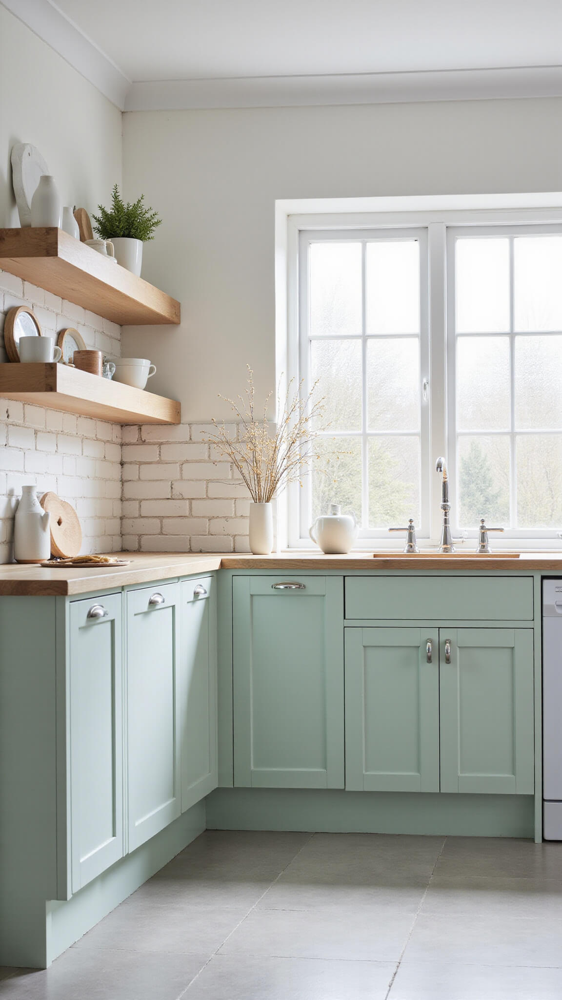 Nordic-style kitchen with pale mint cabinets, light ash wood countertops, whitewashed brick walls, and diffused morning light.