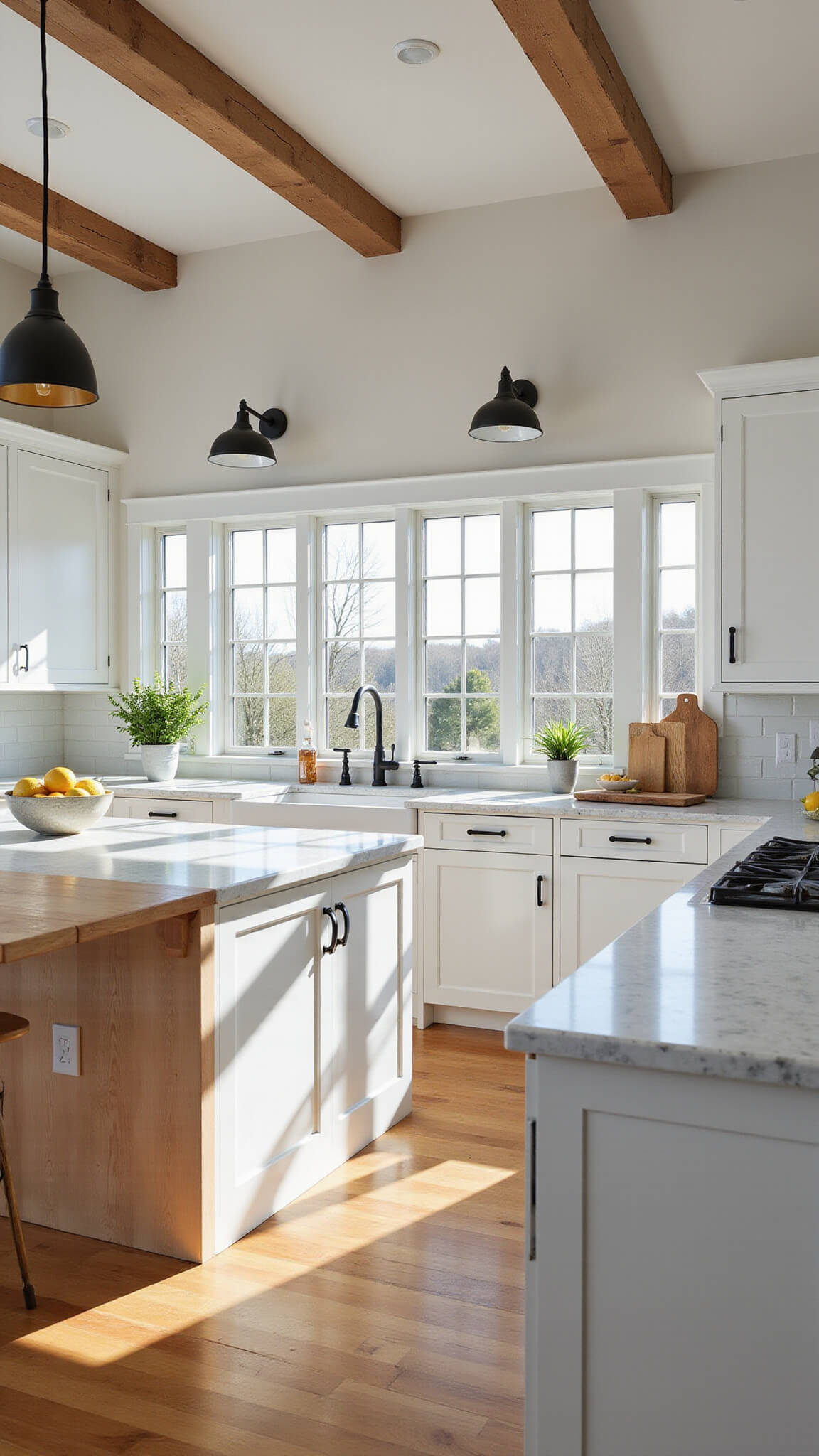 Modern farmhouse kitchen with white Shaker cabinets, maple waterfall island, Carrara marble countertops, and vintage pendant lights in sunlit space.
