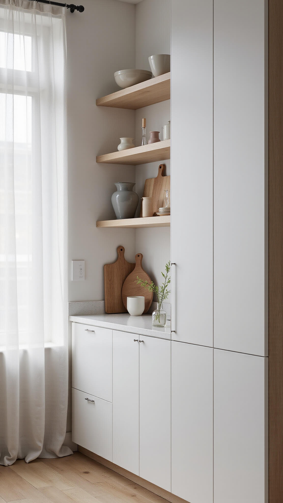 Scandinavian minimalist kitchen with white and oak cabinetry, floating shelves displaying neutral ceramics, sheer curtains filtering soft light over pale oak floors and white quartz surfaces.