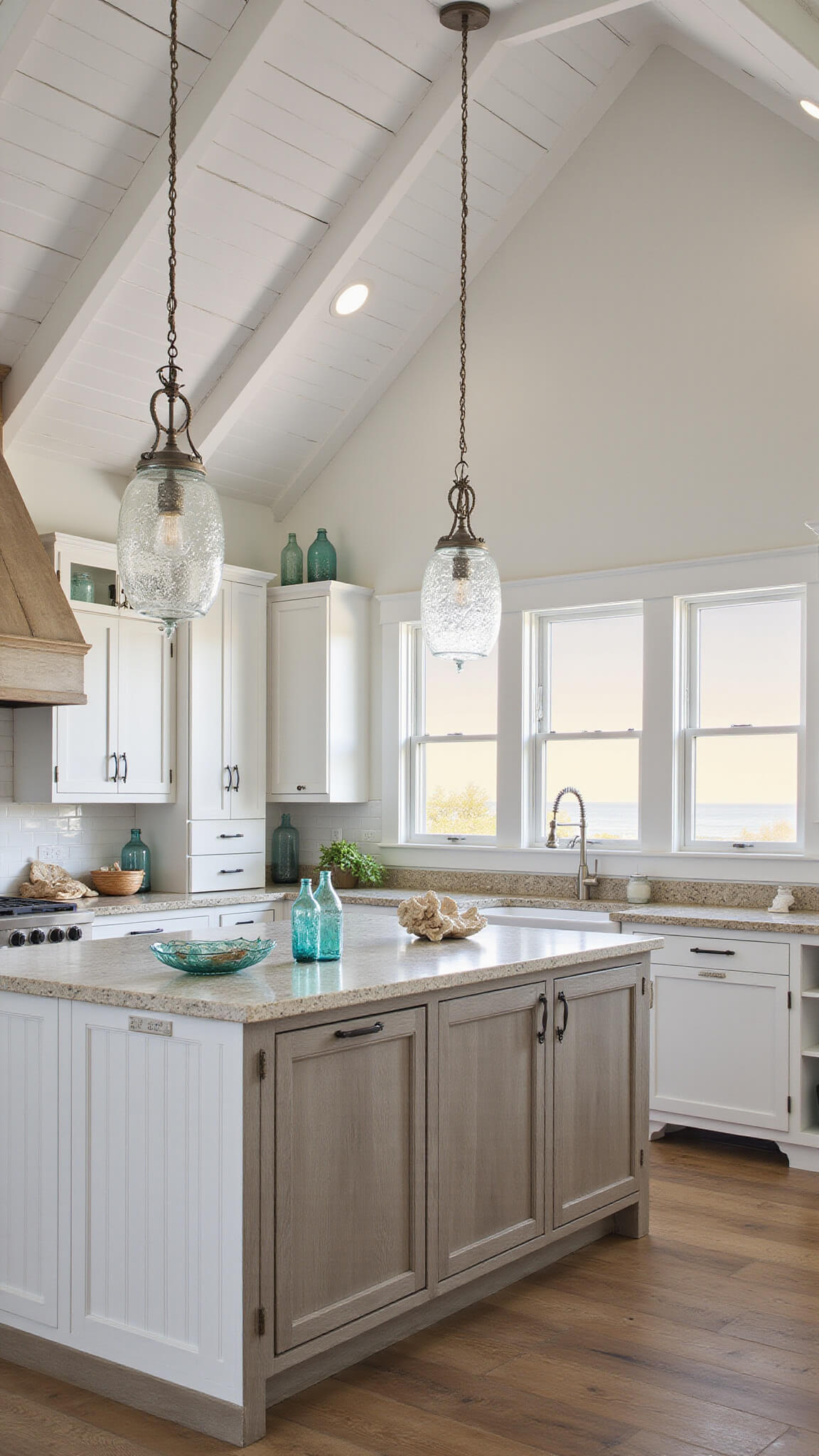 Coastal-inspired open-concept kitchen with vaulted ceilings, driftwood island, sea glass pendant lights, and ocean views through large windows at golden hour.