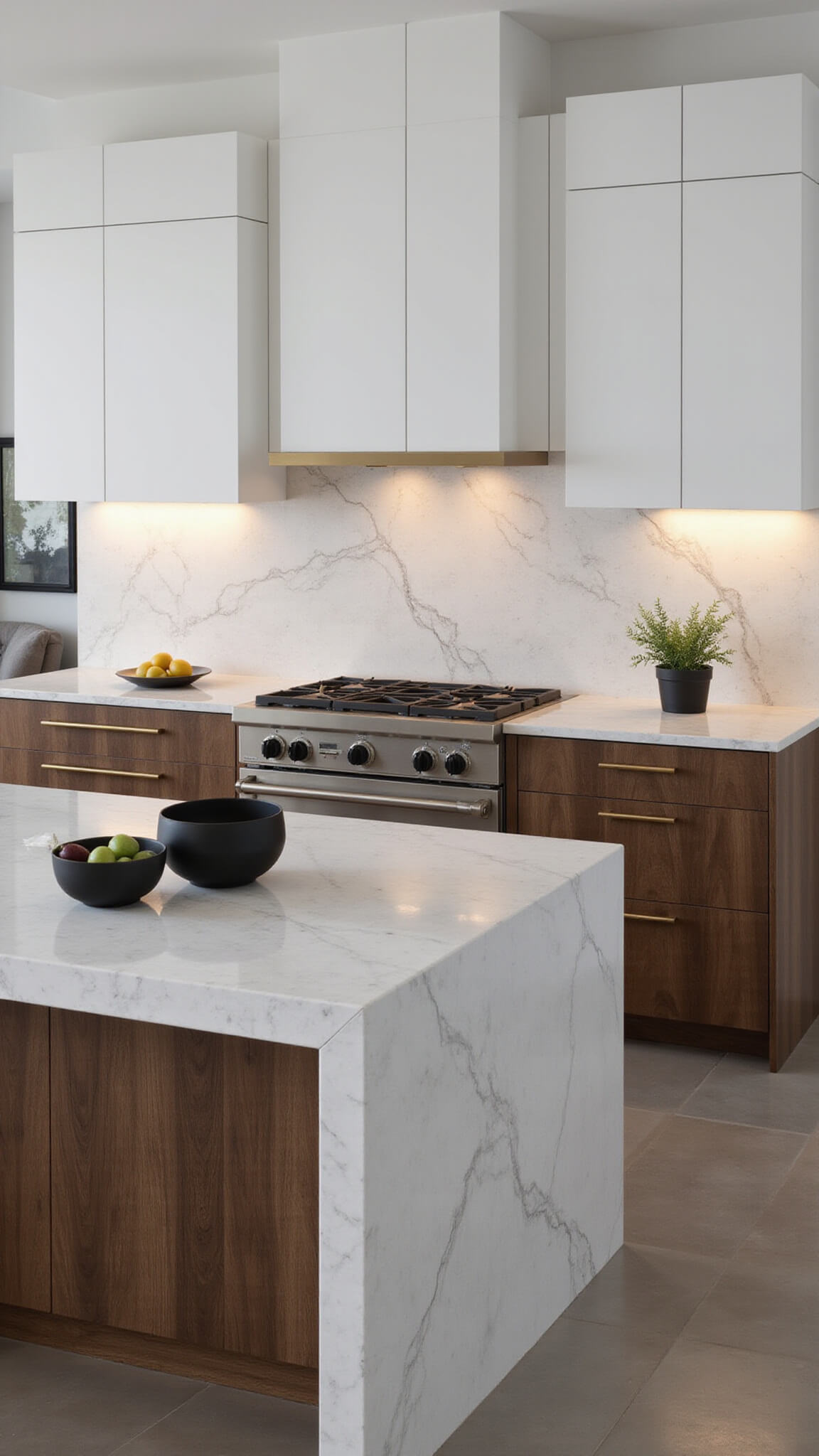 Contemporary kitchen with two-tone matte white and walnut cabinetry, veined quartz waterfall island, brass hardware, and moody dusk lighting with LED accents.