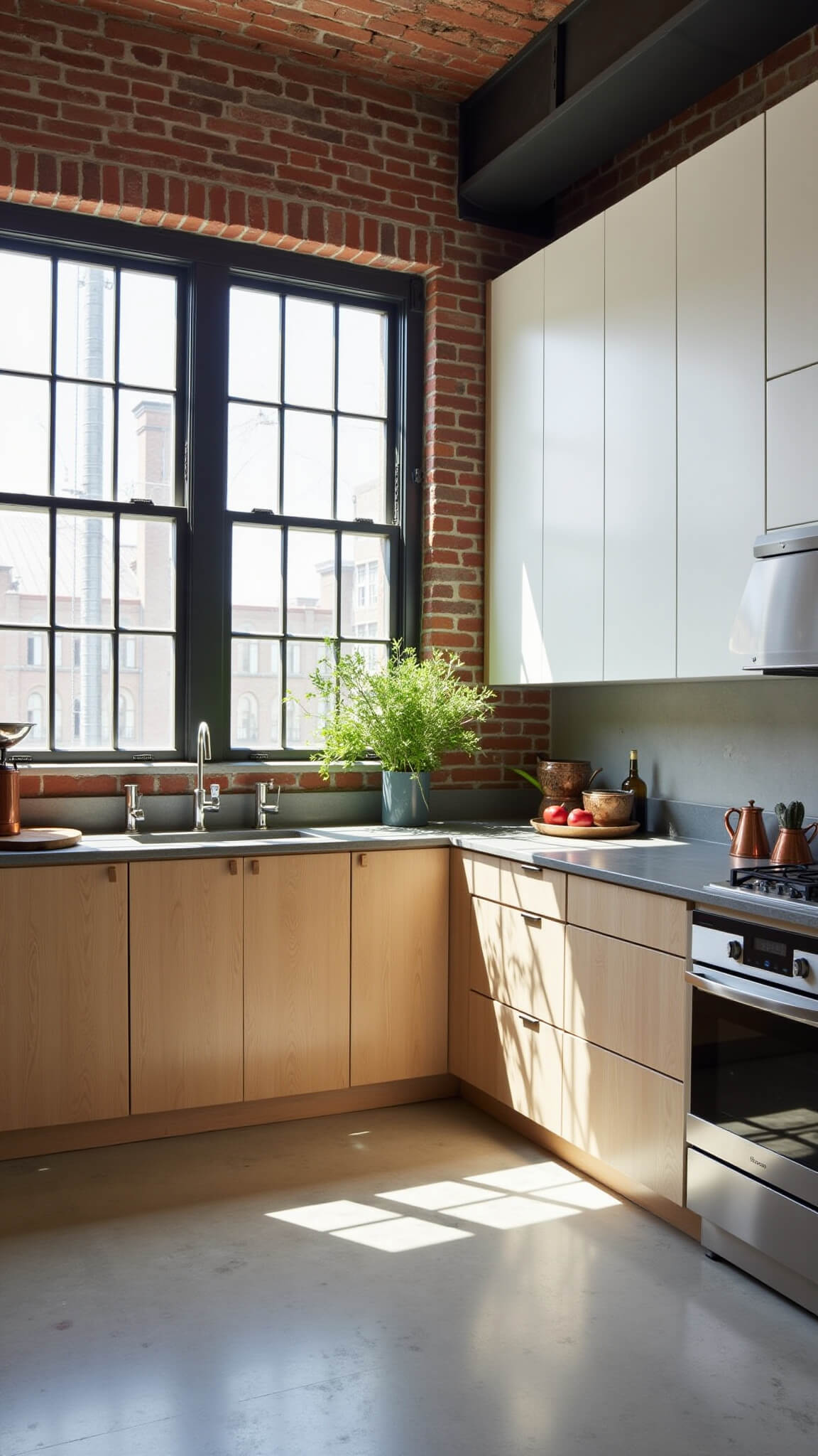 Industrial modern loft kitchen with exposed brick, steel-framed windows, white upper and oak lower cabinets, concrete countertops, stainless appliances, and copper accents in morning light.