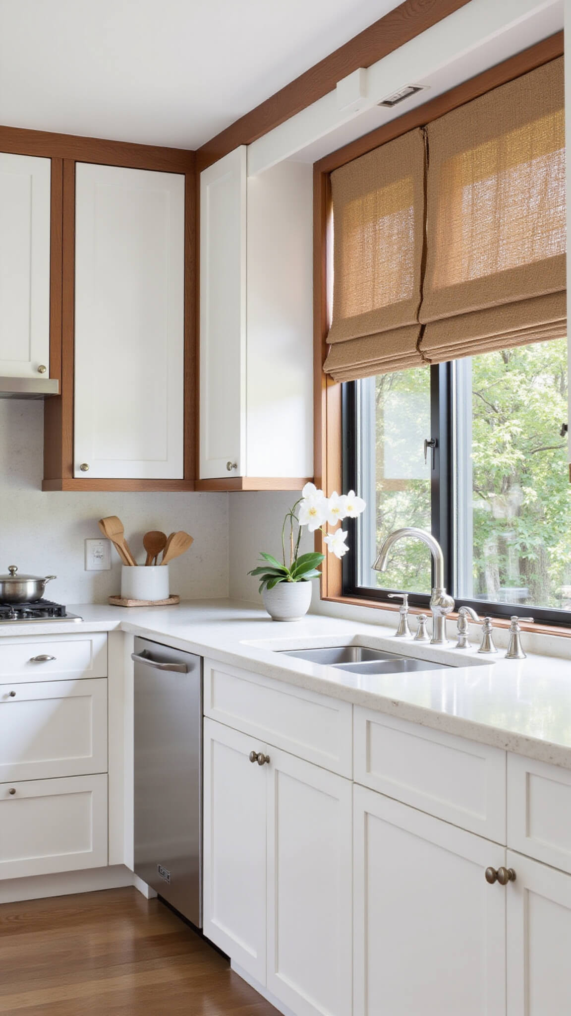 Japanese-inspired 14x16ft kitchen with white cabinets, teak accents, shoji-style glass doors, white stone countertops, and minimalist brushed nickel hardware, bathed in soft afternoon light through rice paper window treatments.