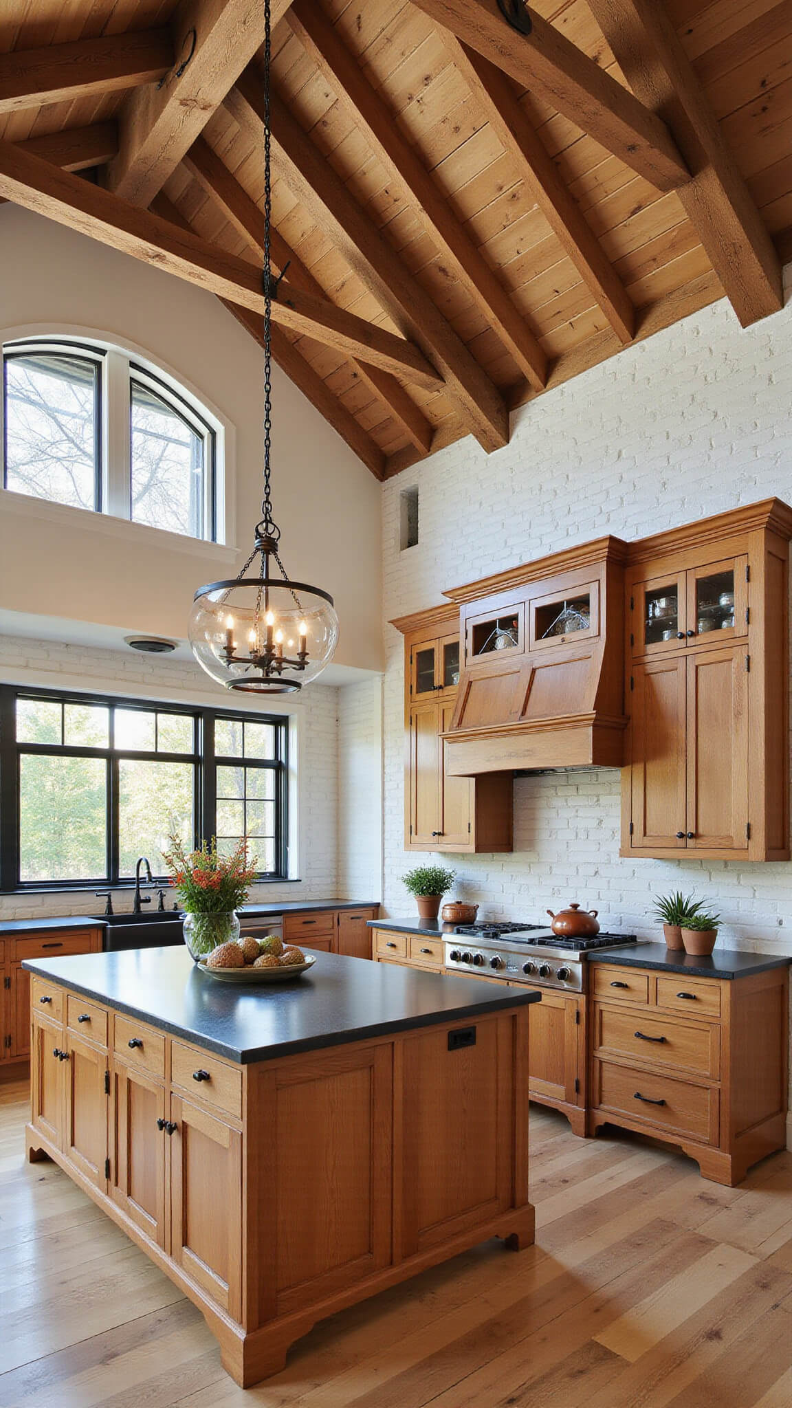 Rustic modern kitchen with cathedral ceiling, wooden beams, alder cabinets, white brick walls, black steel-framed glass inserts, and soapstone countertops in golden hour lighting.