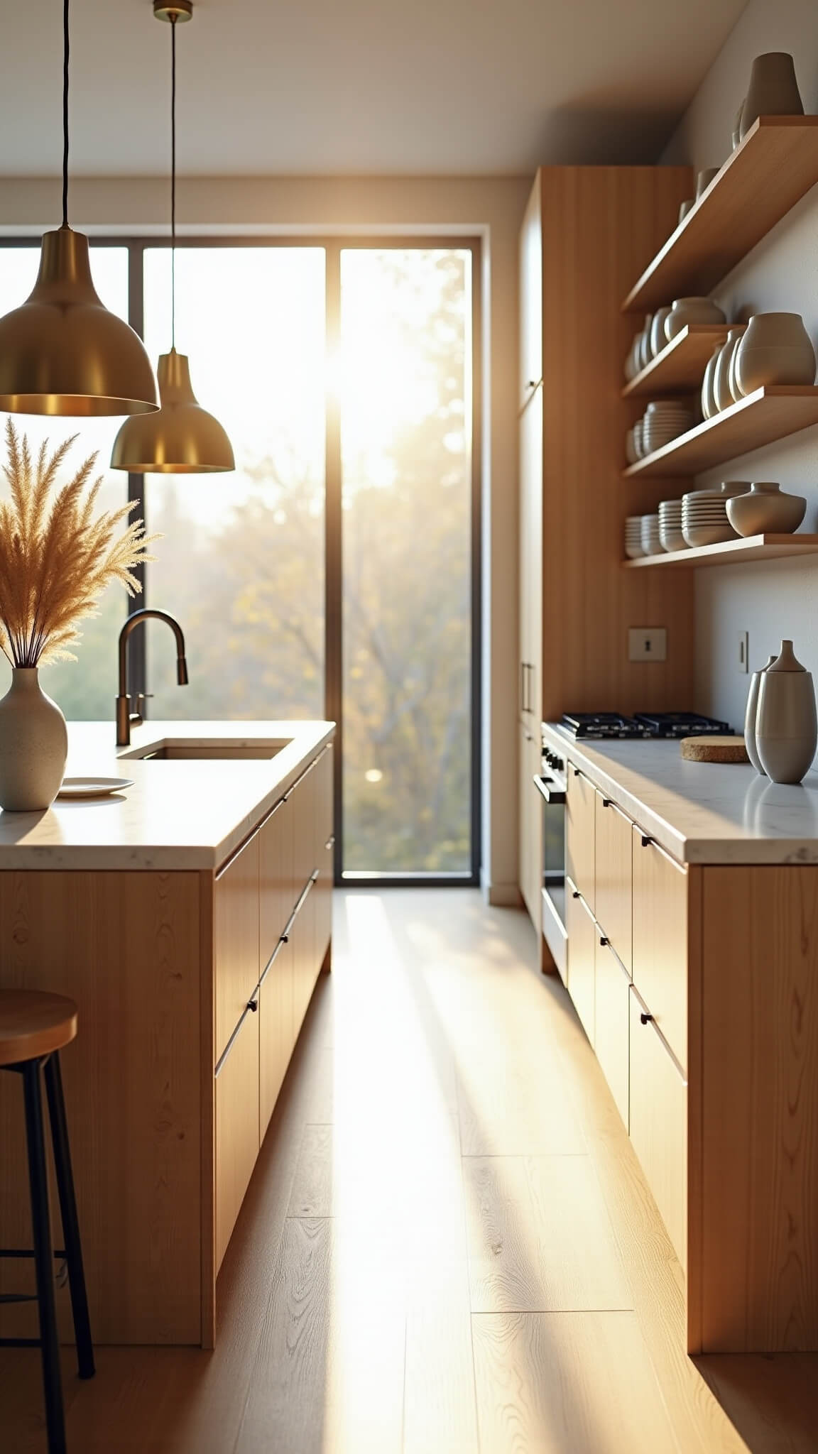 Scandinavian kitchen with light oak cabinets, white quartz countertops, and sunlit center island featuring brass pendant lights and decorative pottery.