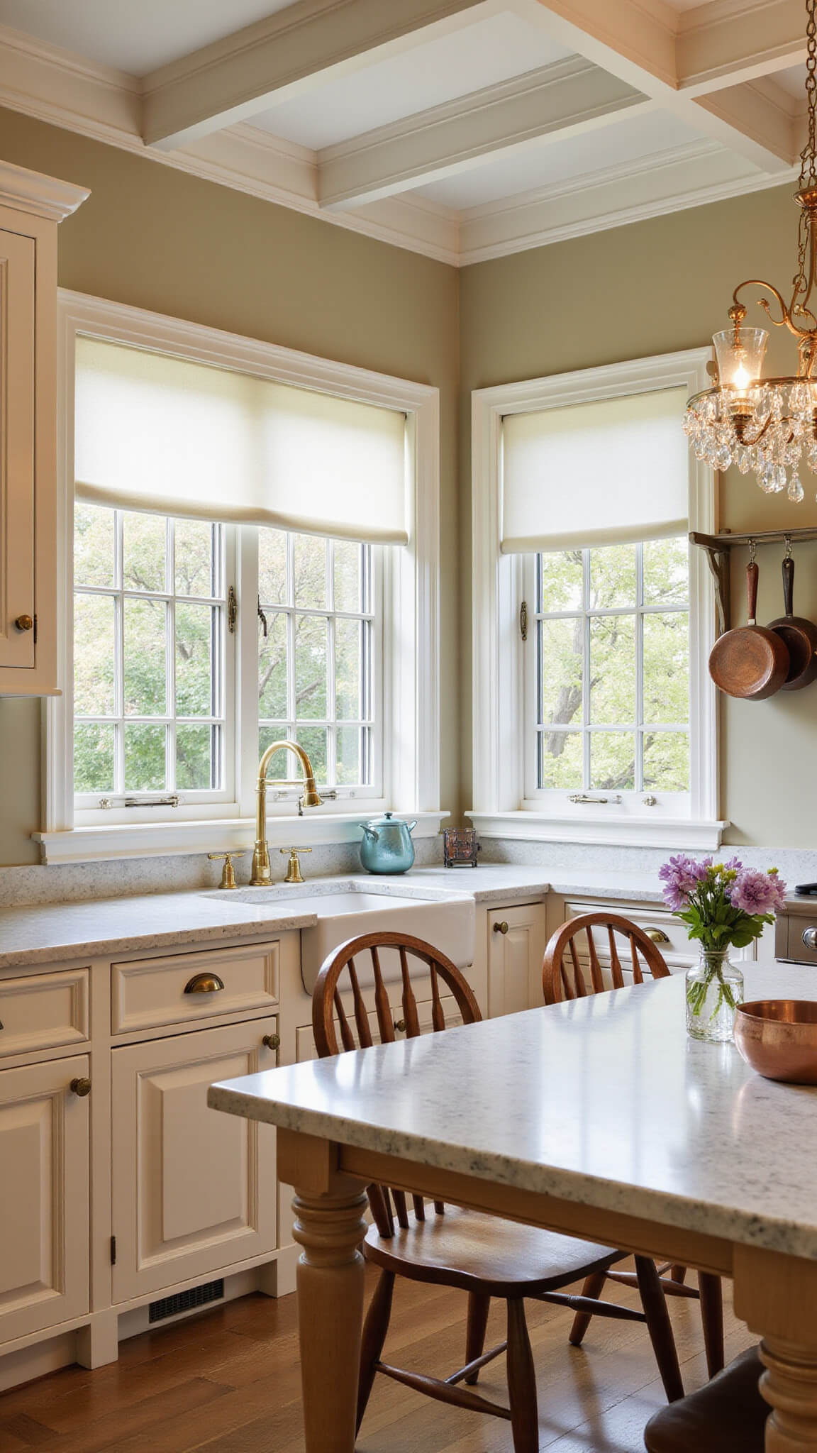 Corner view of warm traditional kitchen with light oak cabinets, cream marble countertops, farmhouse sink, Windsor chairs around table with fresh flowers, and copper cookware hanging above.