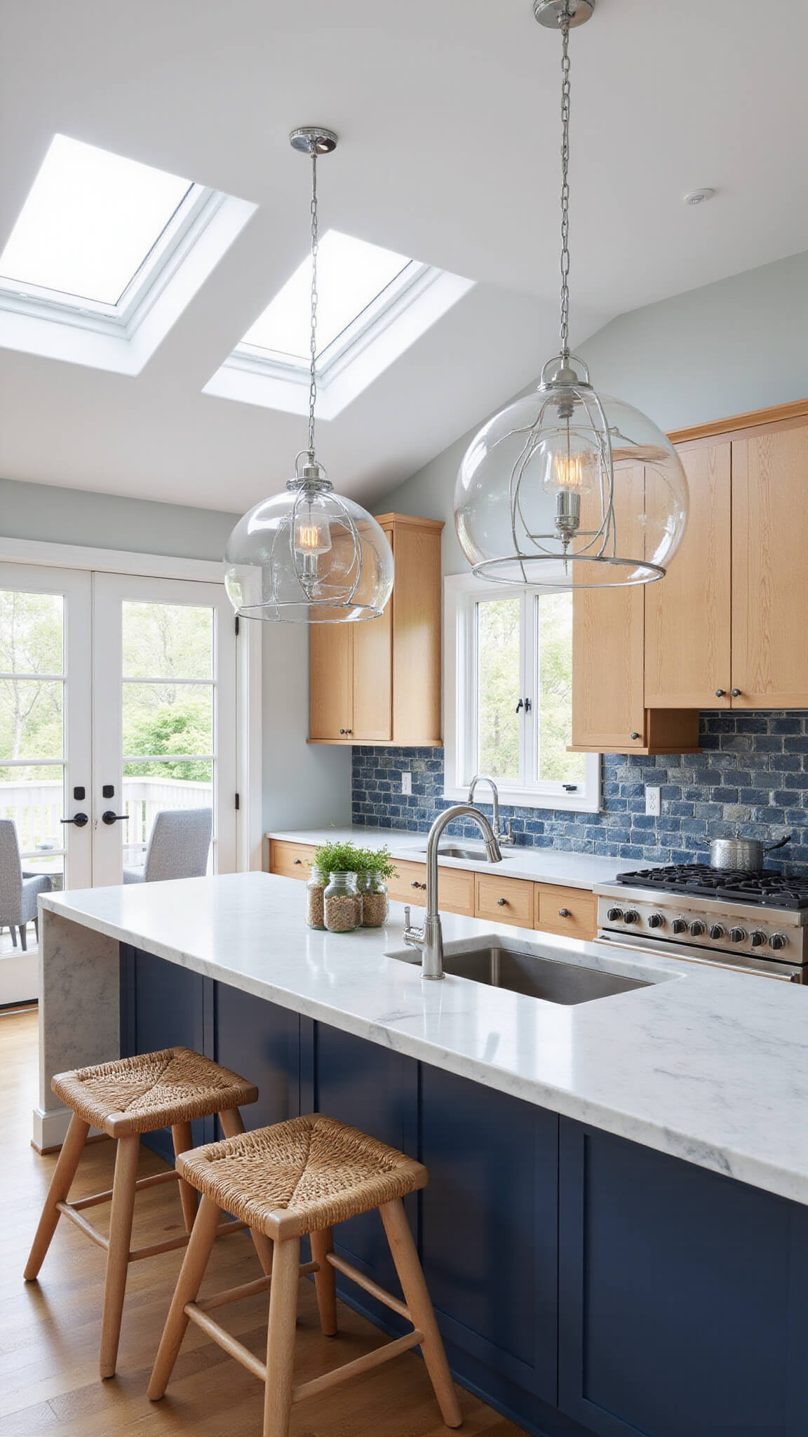 Aerial view of contemporary coastal kitchen with light oak cabinets, navy island, waterfall quartz countertops, chrome pendant lights, woven bar stools, and marine blue ceramic backsplash.