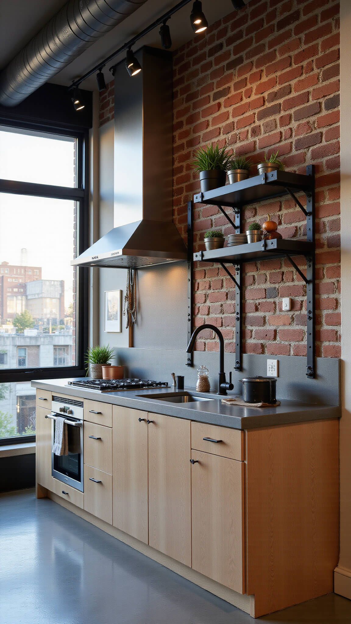 Side view of industrial modern loft kitchen with light oak cabinets, exposed brick wall, concrete countertops, black steel shelving, and stainless appliances under dramatic evening lighting.
