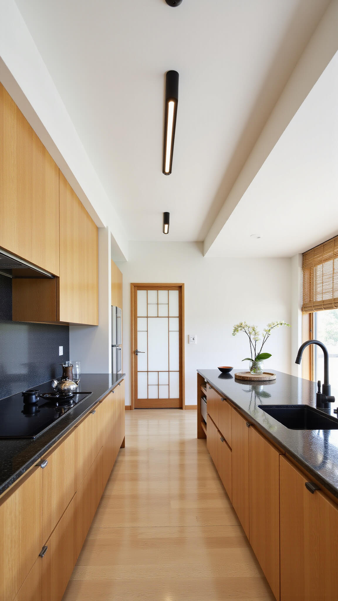 Minimalist Japanese galley kitchen with light oak cabinets, black granite countertops, bamboo shades, and a shoji screen door.