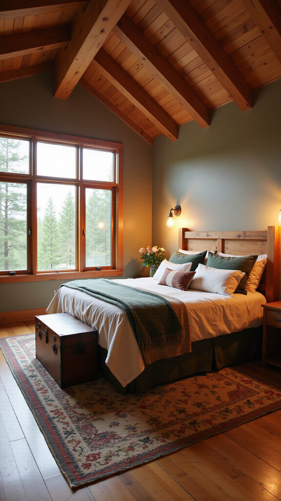 Rustic 14x16ft bedroom with king bed, cedar beams, and golden hour light through picture windows showing pine forest.