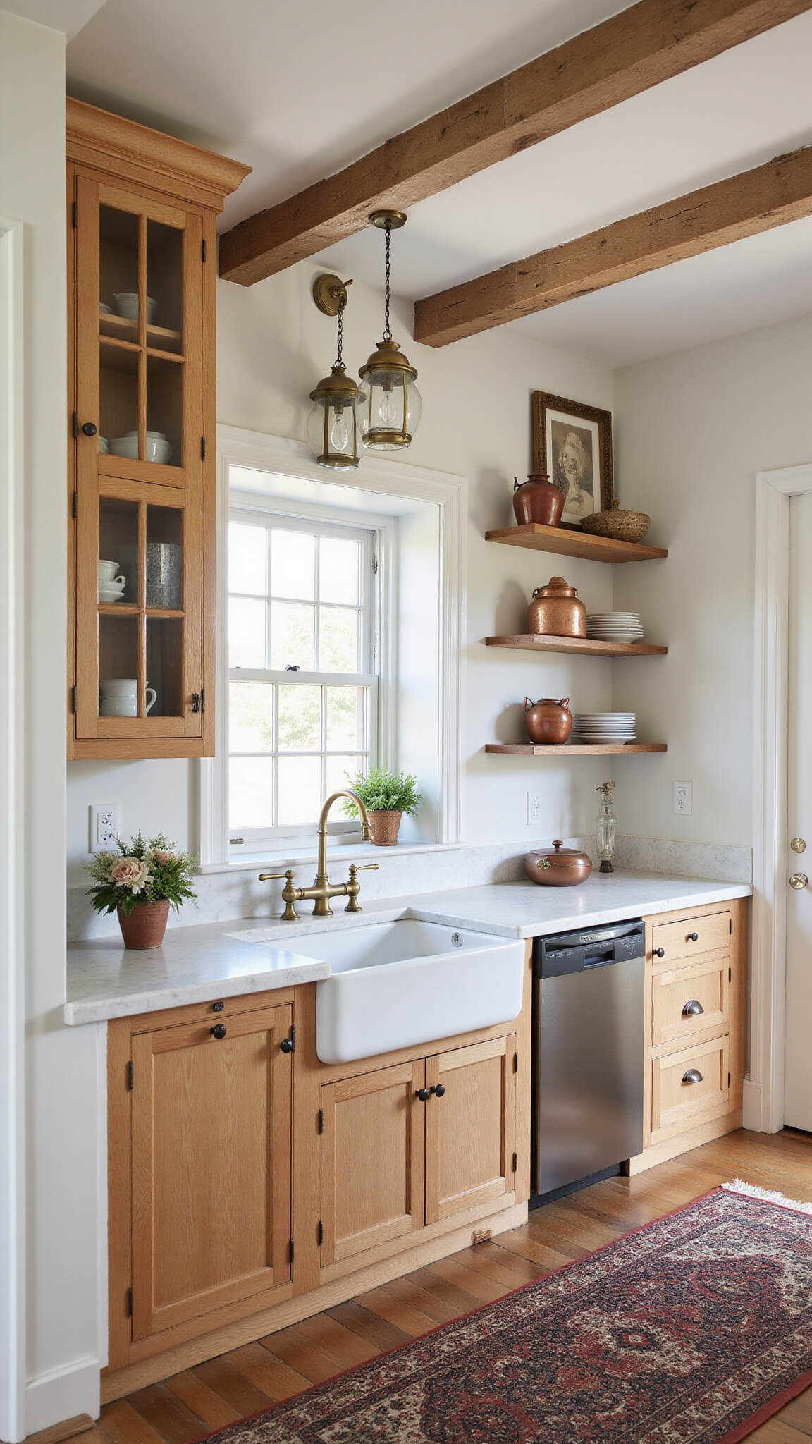 French country kitchen with beamed ceiling, light oak cabinets, marble counters, farmhouse sink, and vintage decor in warm morning light.
