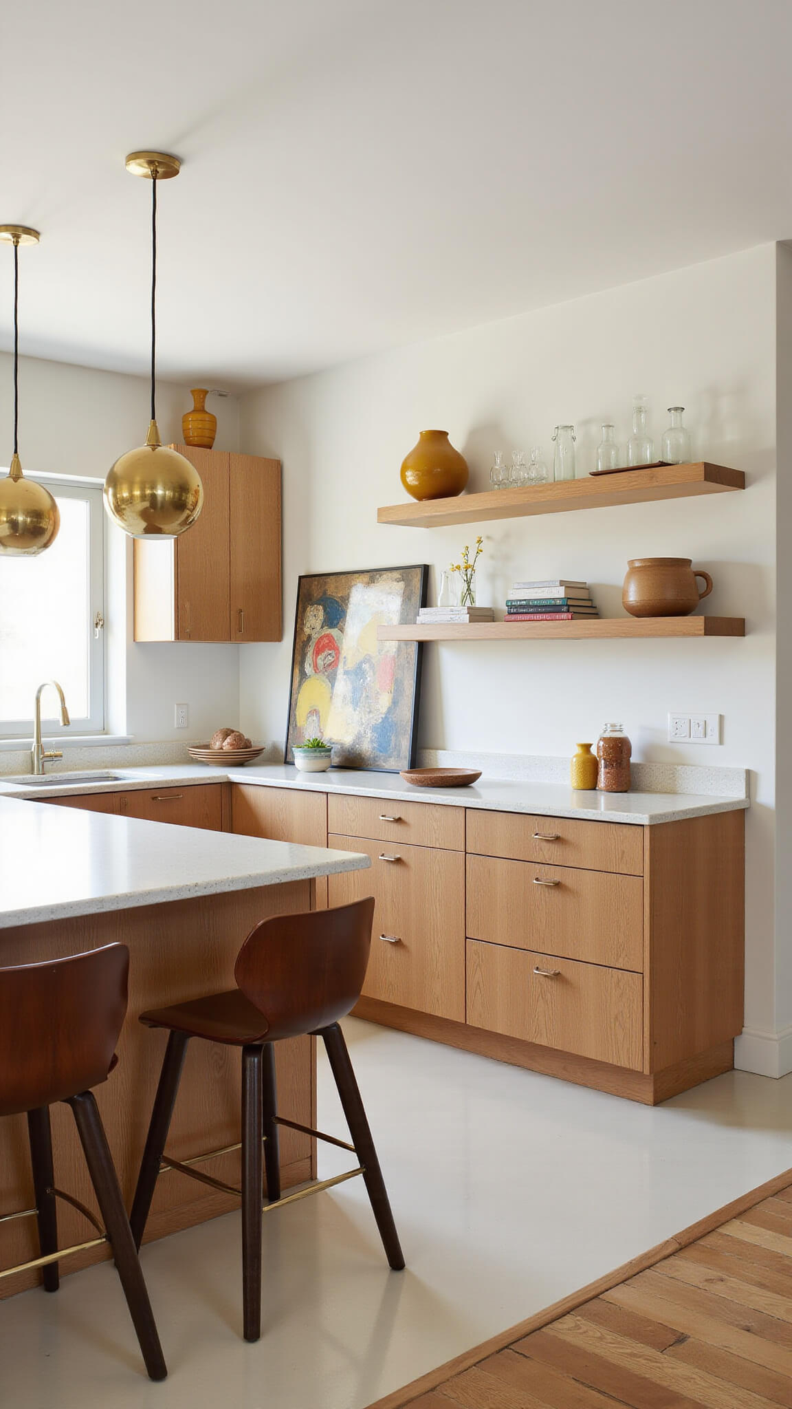 Mid-century modern kitchen at twilight with light oak cabinets, walnut accents, white terrazzo countertops, globe pendant lights, vintage bar stools, abstract art, and floating shelves displaying glassware.