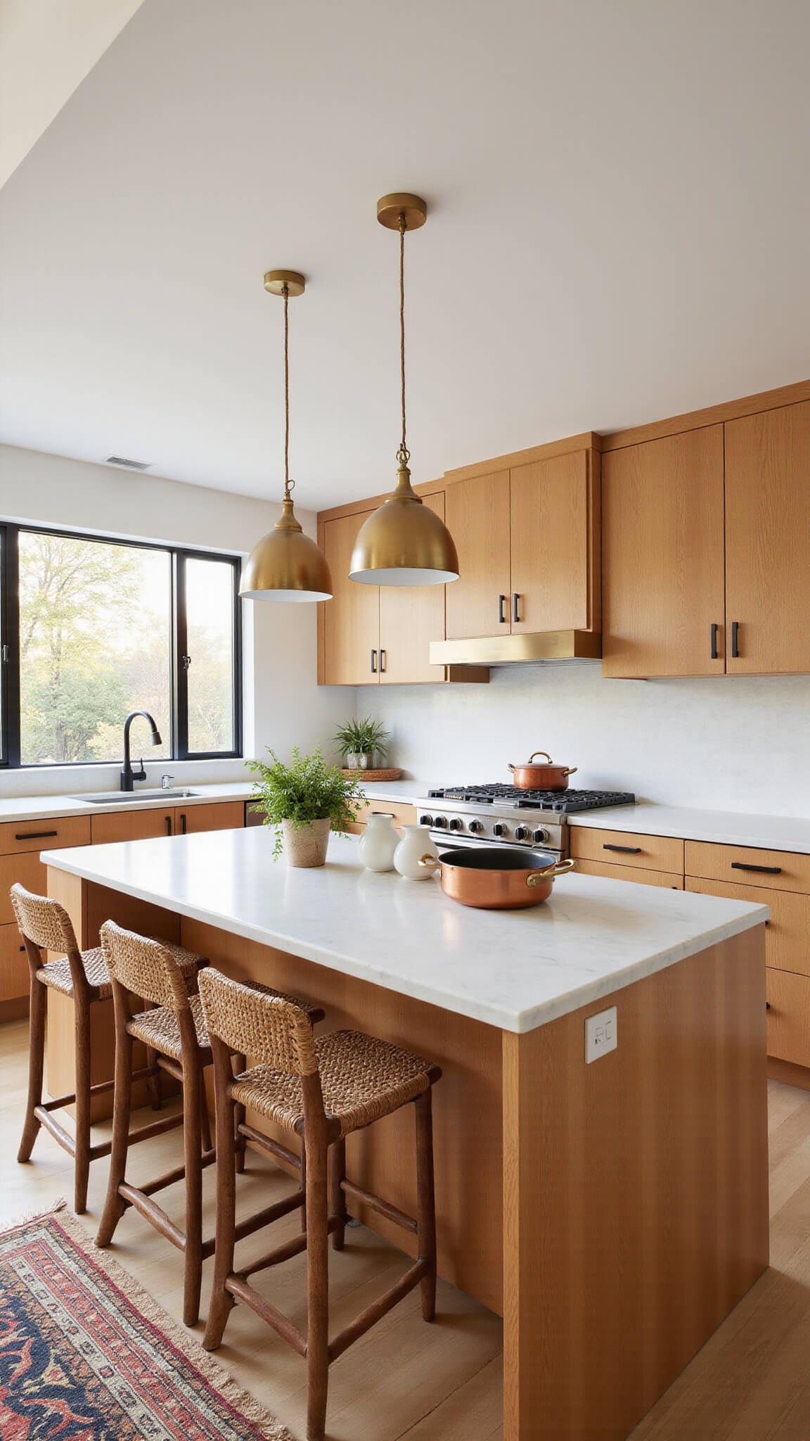 Modern golden oak kitchen with quartz countertops, marble island, brass pendant lights, and natural light highlighting warm wood tones and stylish accents.