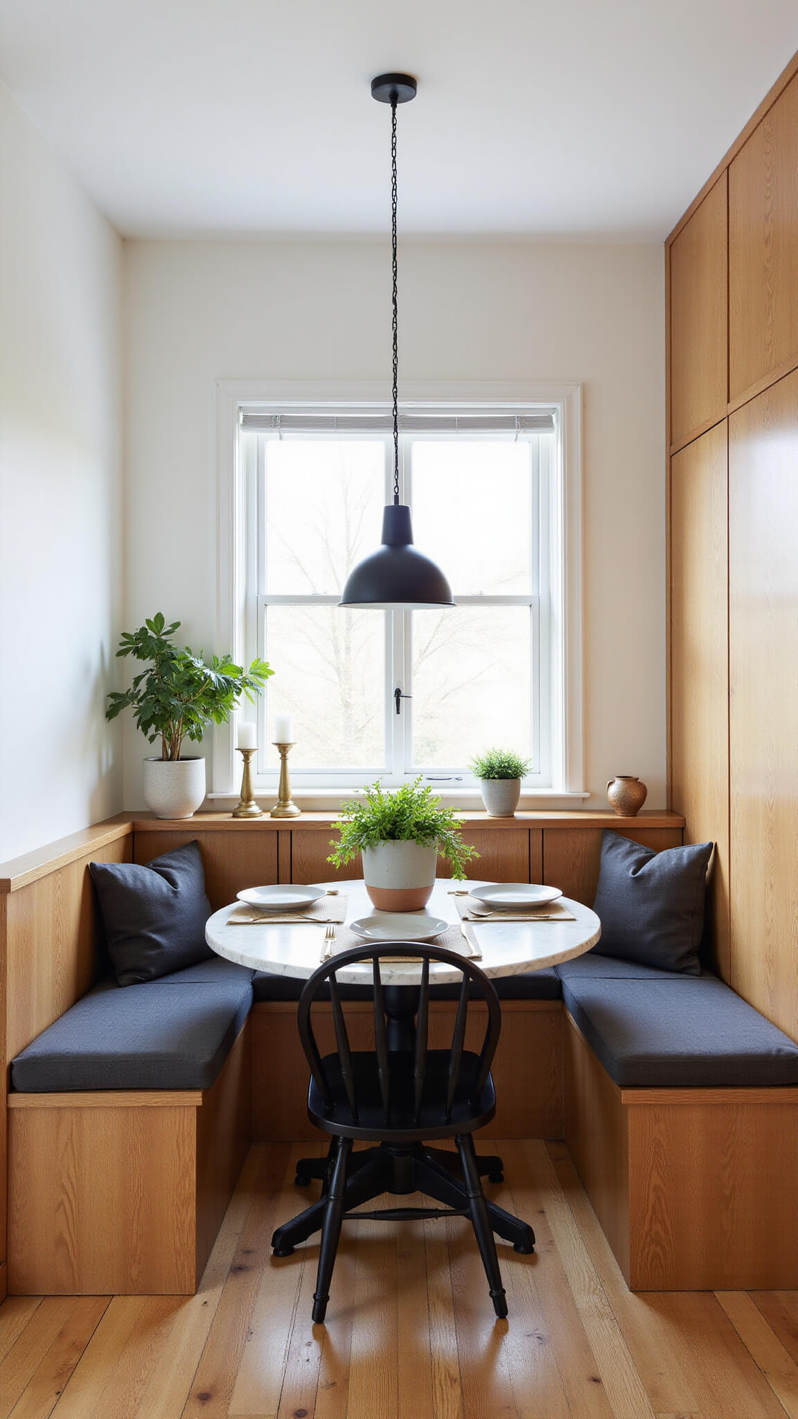 Cozy 8'x8' kitchen nook with golden oak bench, marble table, black Windsor chairs, and morning light highlighting artisanal ceramics and vintage decor.