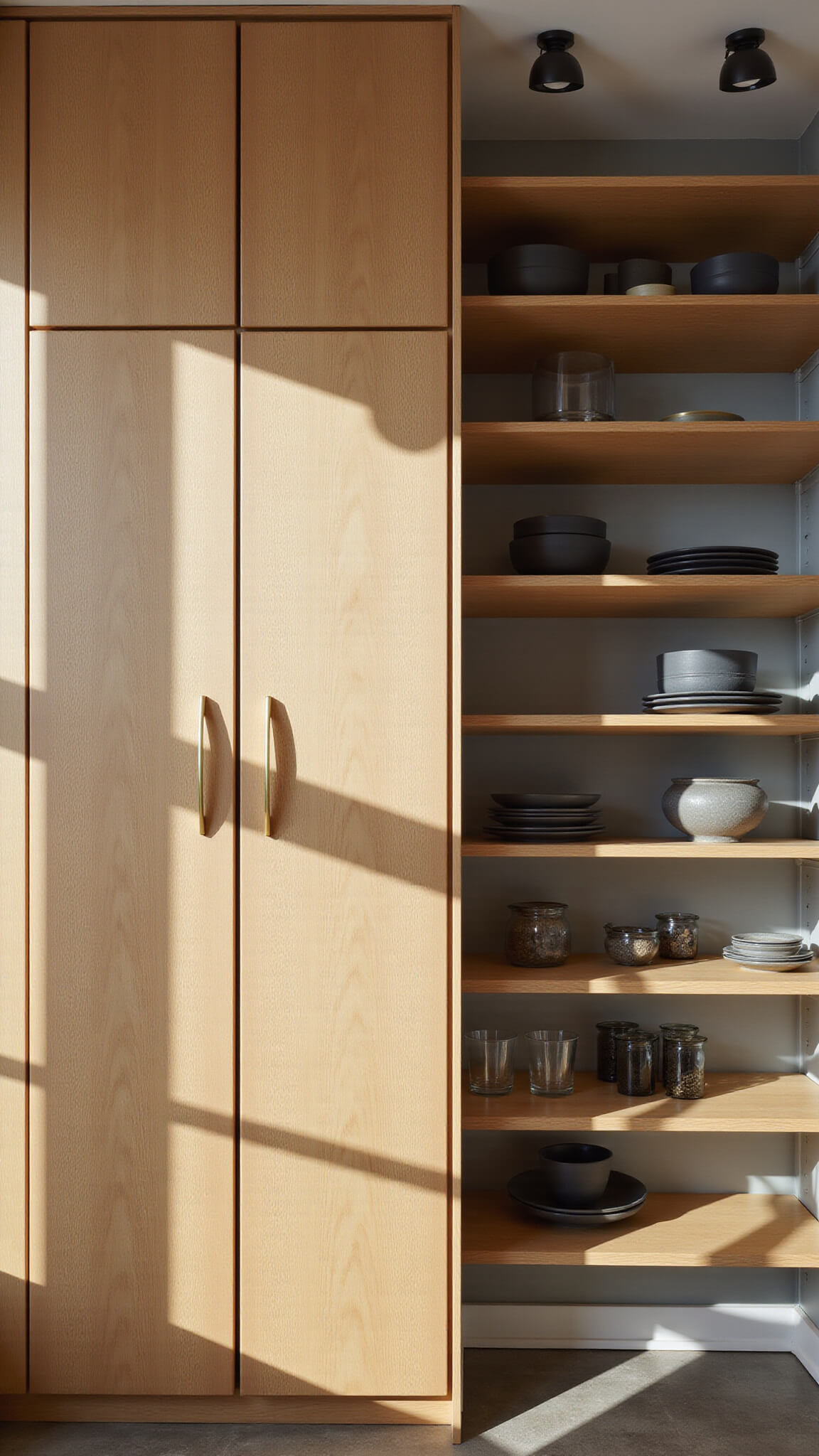 Close-up of tall golden oak kitchen pantry with flat-panel doors, brass pulls, and open shelves displaying ceramics, in dramatic afternoon light.
