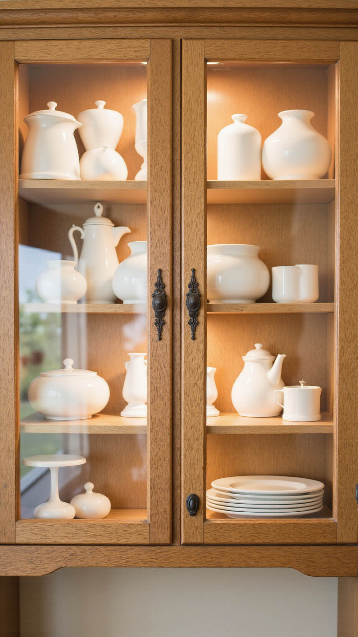 Macro shot of golden oak cabinet with glass doors showcasing white ironstone and copper vessels, softly lit in late afternoon light.