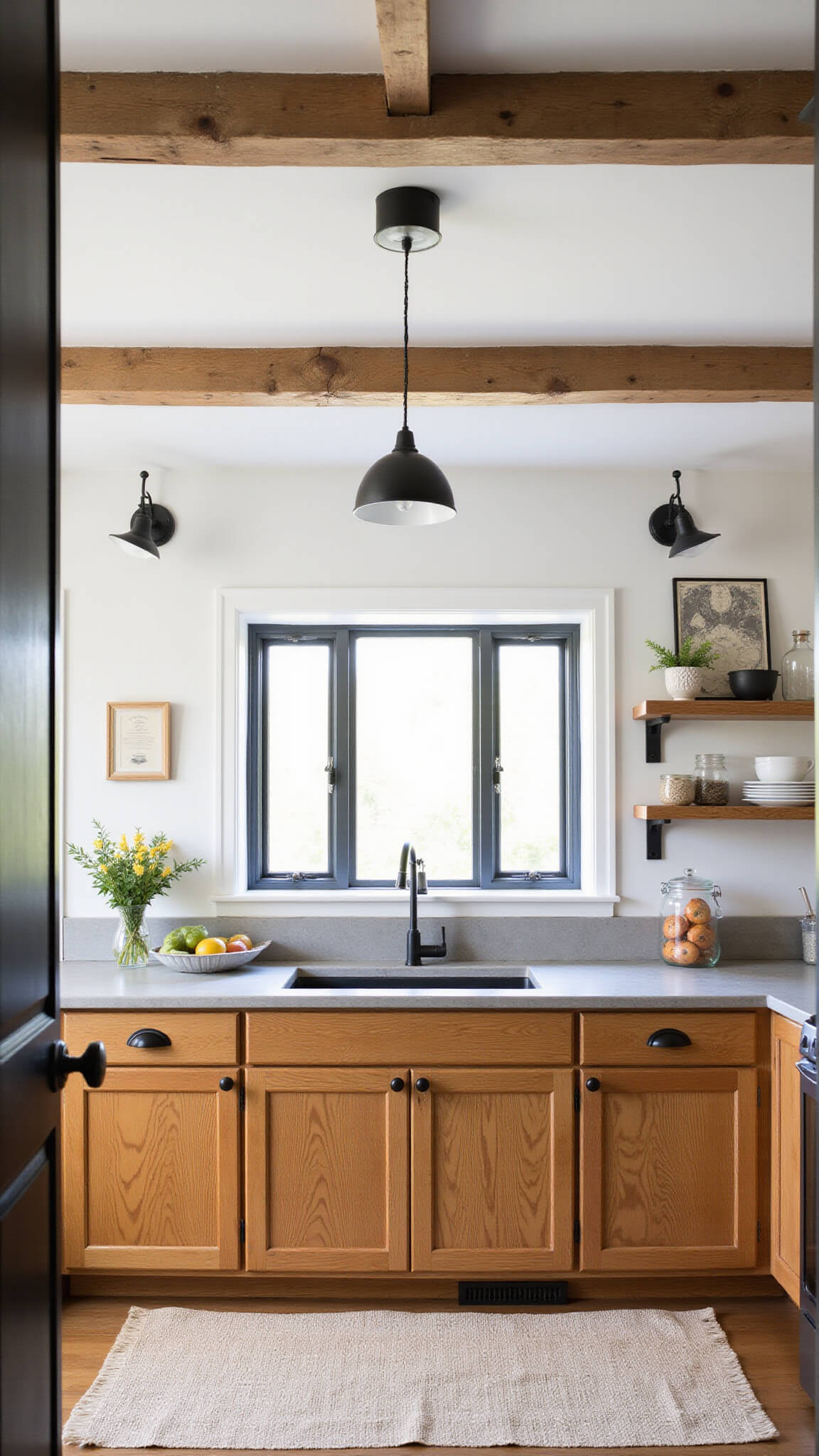 Modern farmhouse oak kitchen with golden oak shaker cabinets, concrete countertops, rustic ceiling beams, industrial black lighting, and vintage decor in early morning light.