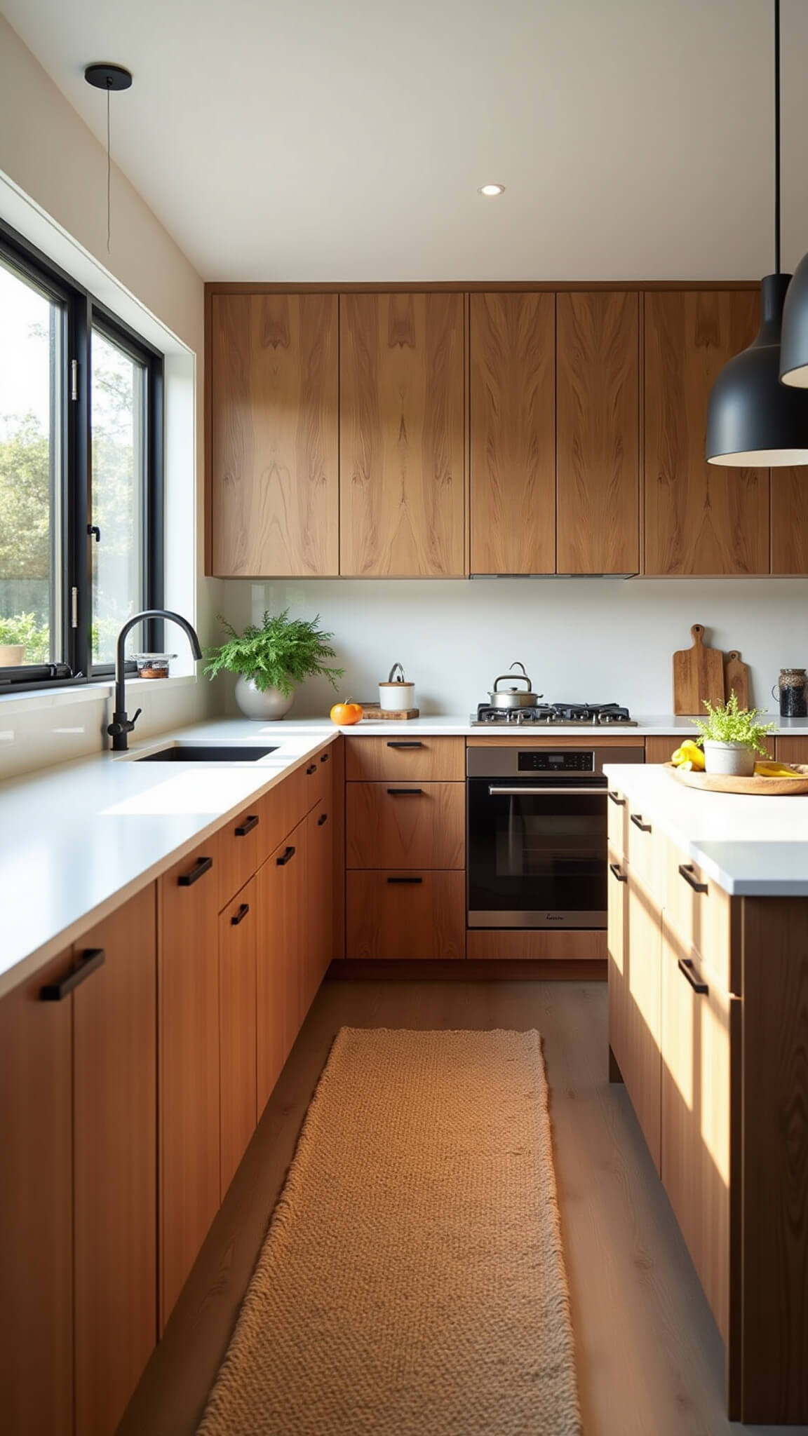 Sunlit modern organic kitchen with red oak cabinets, white quartz countertops, matte black hardware, and central island under pendant lights.