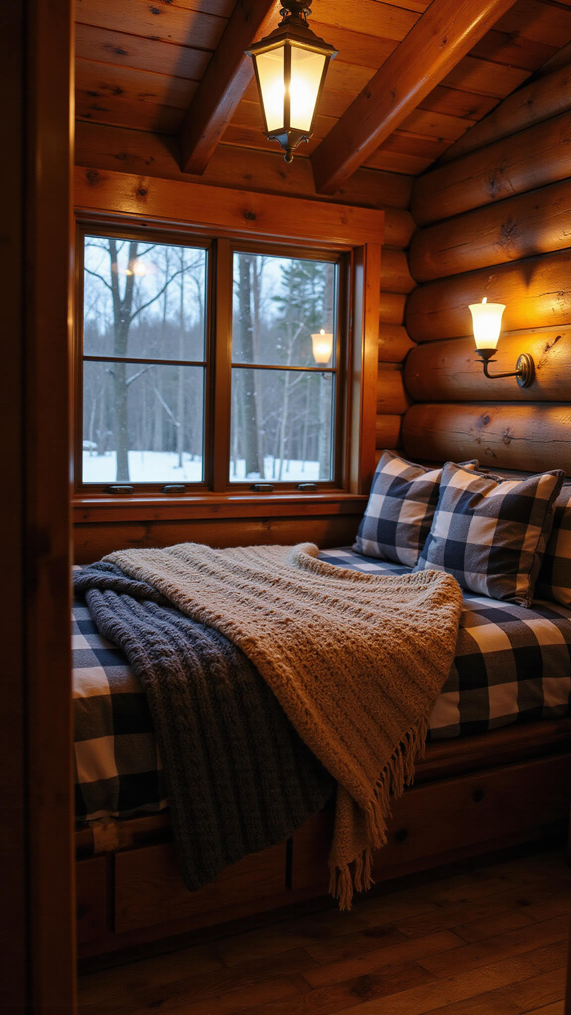 Cozy log cabin bedroom at dusk with warm lantern lighting, built-in queen bed nook, layered knit throws, and snowy scene through iron-framed windows.