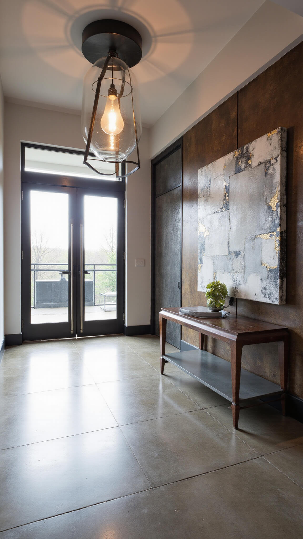 Modern urban entryway with polished concrete floors, textured walls, oversized pivot door, floating patina steel console, abstract artwork, and dramatic pendant light, bathed in midday sunlight.