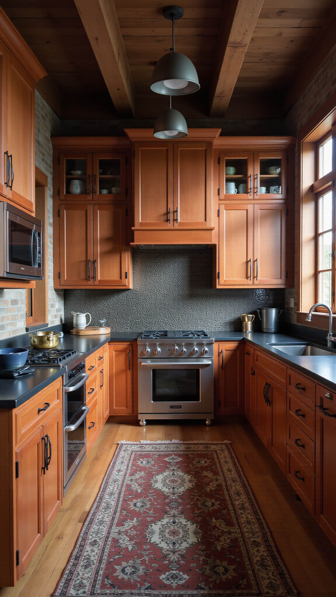 Rustic modern 12x14ft kitchen with exposed beams, red oak cabinetry, black soapstone counters, metallic backsplash, vintage rug, and industrial pendant lighting in moody afternoon light.