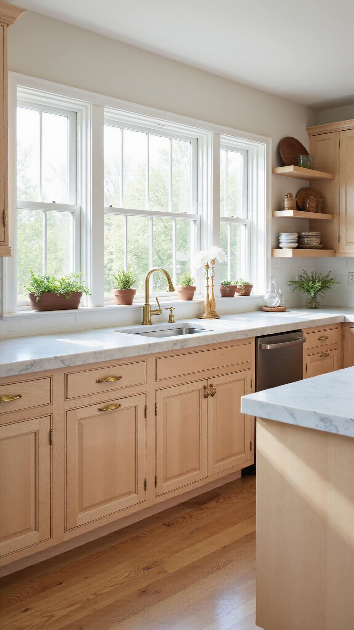 Bright 12x15ft kitchen with Pale Oak cabinets, white oak flooring, Taj Mahal quartzite countertops, and brass hardware, shown in soft morning light from east-facing windows.