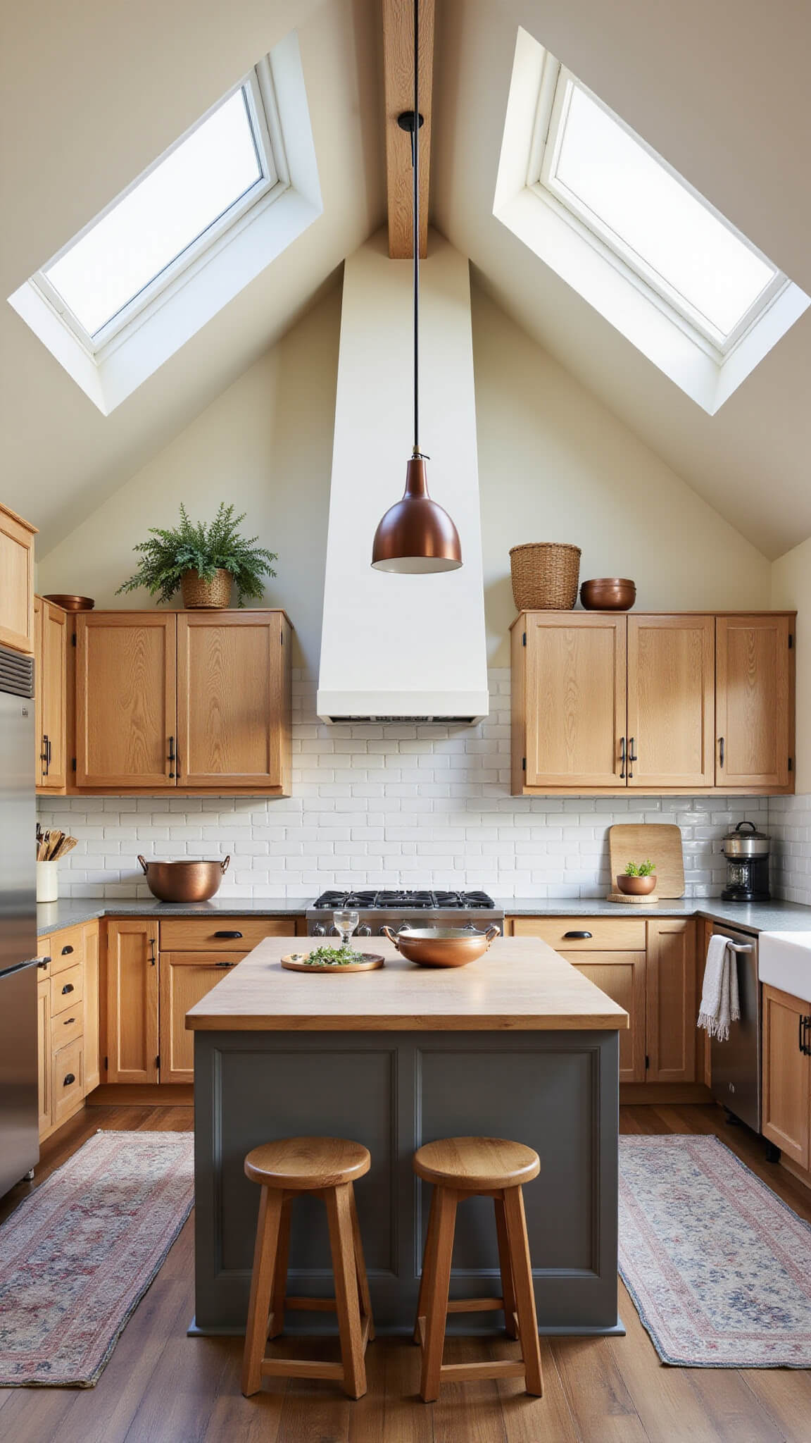 Modern farmhouse kitchen with Pale Oak cabinets, white subway tile, matte black hardware, butcher block island, and cathedral ceiling lit by golden hour skylight.