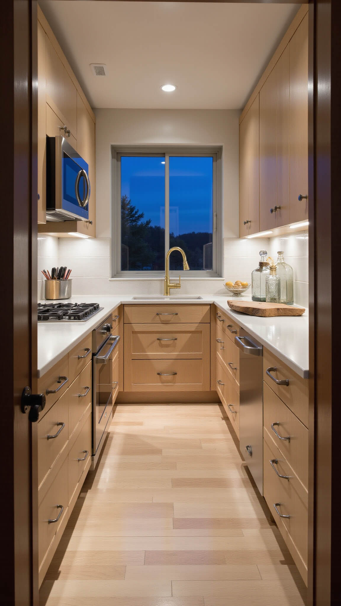 Compact 10x12ft galley kitchen with Pale Oak cabinets, glossy white countertops, mixed metal finishes, and dramatic under-cabinet lighting during blue hour.