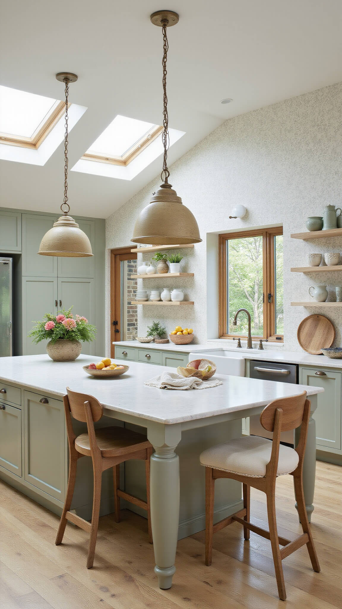 Sunlit open-concept kitchen with high ceilings, sage island, Pale Oak cabinets, ceramic pendants, and artisanal decor.