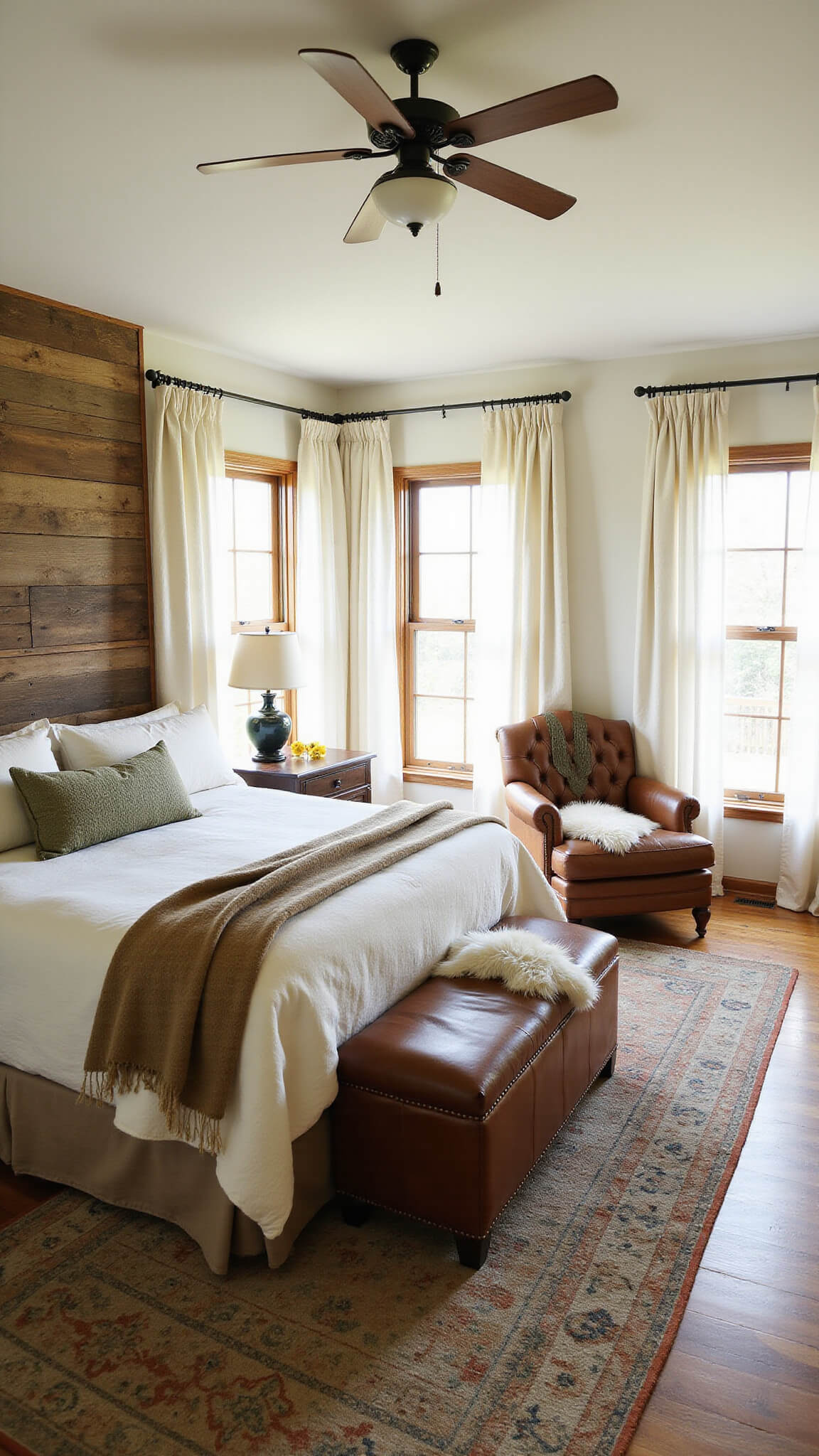 Sunlit mountain retreat bedroom with barn wood accent wall, layered neutral linens, leather reading chair, Persian rug, and oak floors.