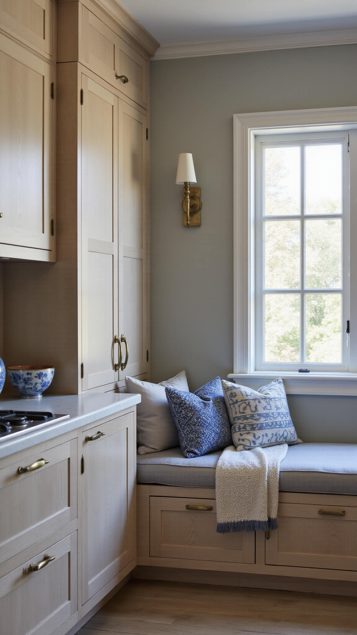 Cozy 11x13ft kitchen nook at dusk with Pale Oak cabinets, creamy trim, built-in banquette, antique brass sconces, and layered decor including wool throw and blue-and-white ceramics.