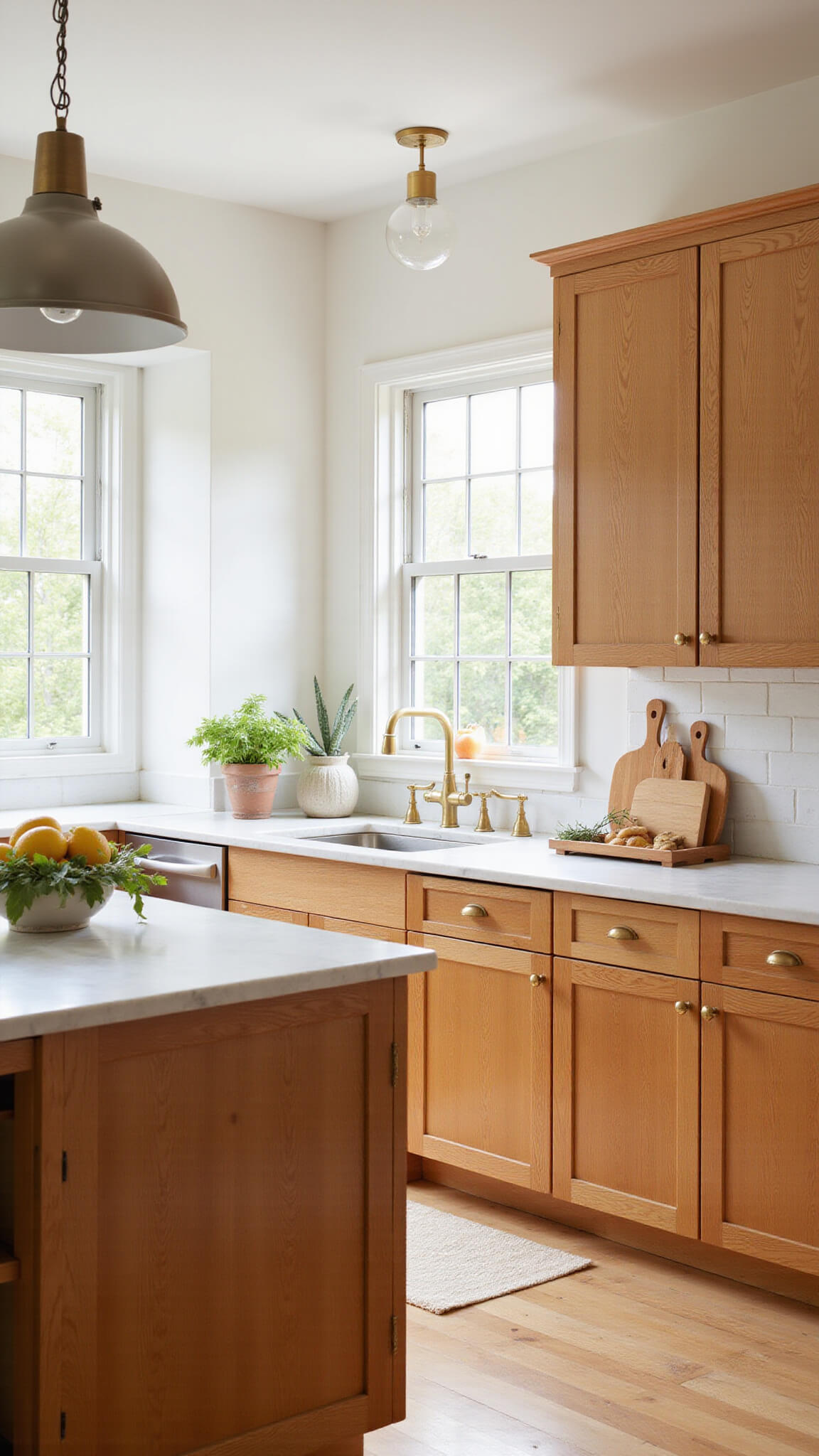 Bright modern farmhouse kitchen with natural oak cabinets, marble island, and warm golden hour light emphasizing wood grain and airy space.