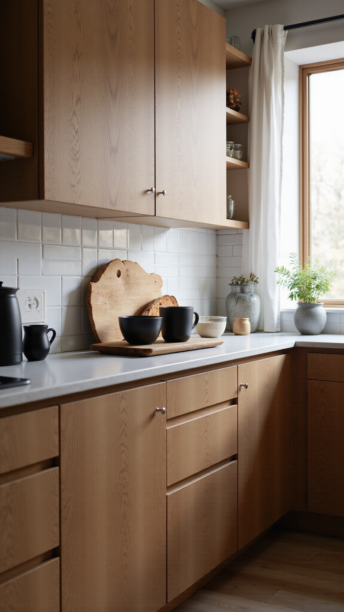 Intimate galley kitchen with natural oak cabinets, white subway tile, and morning light creating soft shadows; styled with matte black ceramics, coffee setup, and bread board.