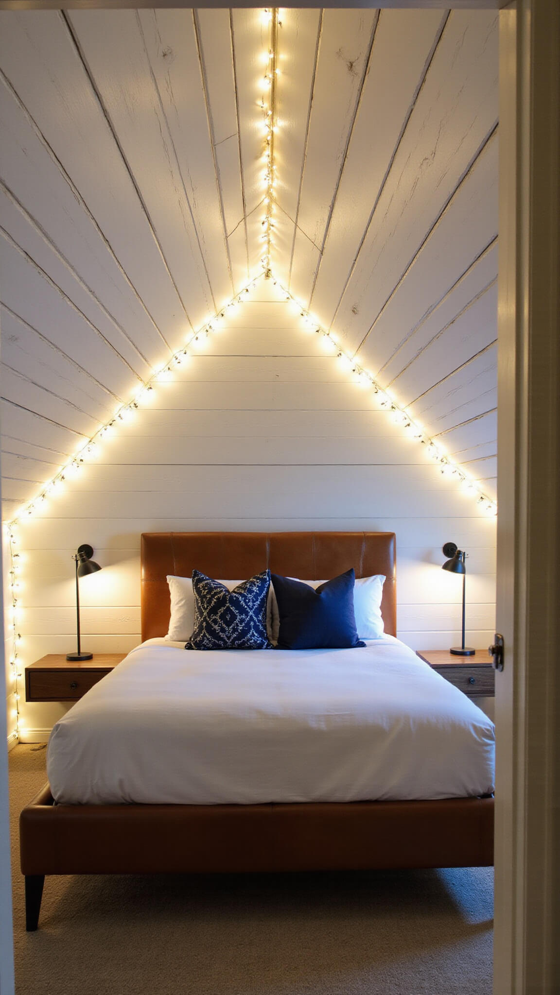 Cozy 10x12ft under-eaves bedroom at twilight with string lights, queen bed in dormer alcove, indigo pillows on white linens, and floating nightstands under a whitewashed pine sloped ceiling.
