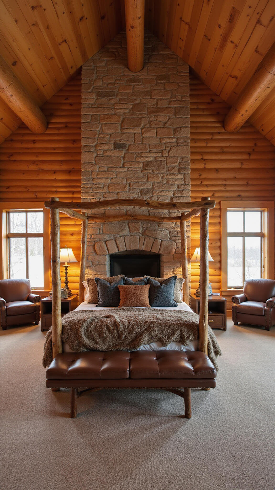 Rustic 18x20ft cabin bedroom at dawn with canopy bed, faux fur bedding, leather chairs by stone fireplace, and soft natural light highlighting log walls.